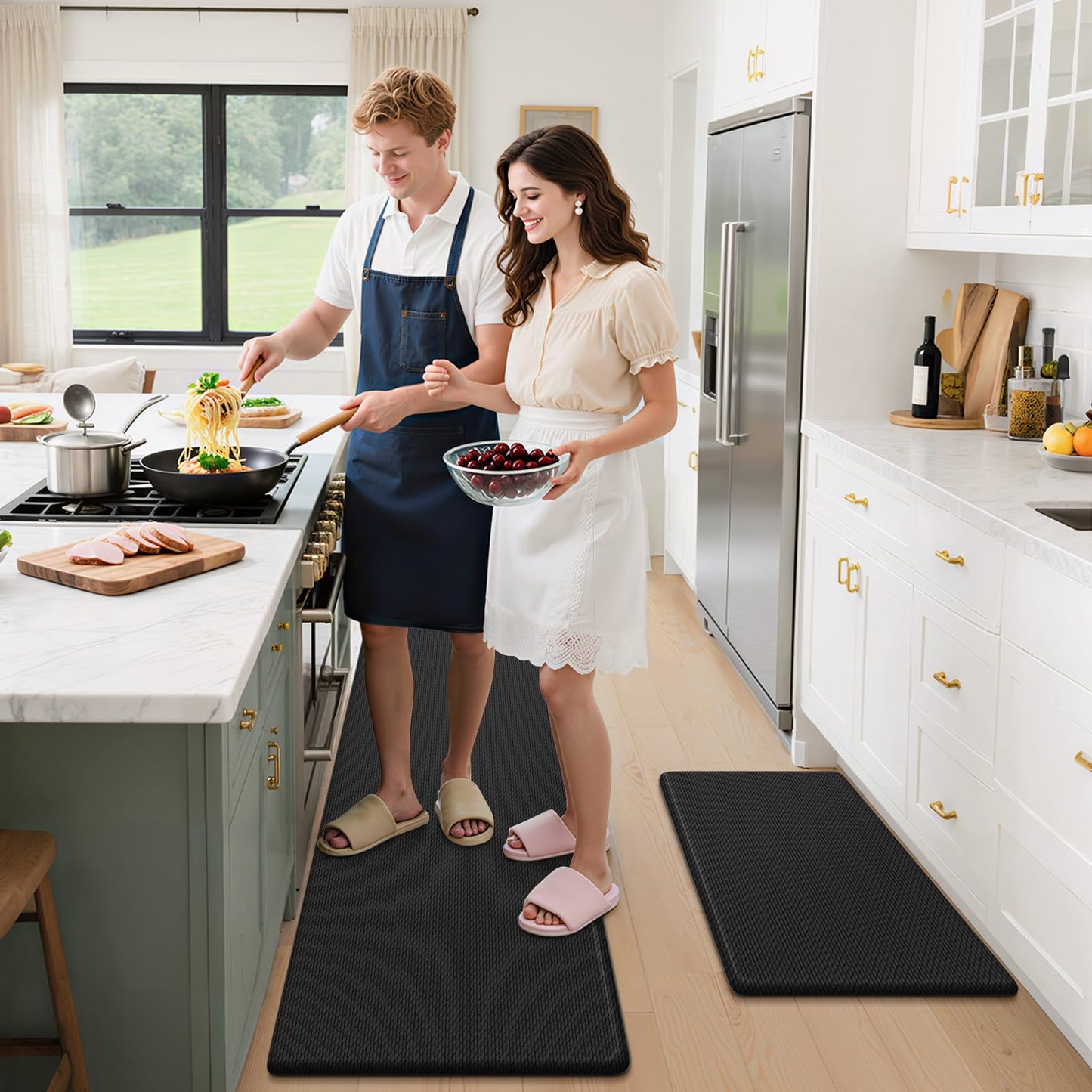 StepLively Kitchen Mat, 2 PCS Kitchen Rugs, Cushioned Kitchen Mats for Floor, Anti Fatigue Kitchen Rug Set, Non-Slip Standing Mat for Kitchen, Office, Sink, 17.3"x30"+17.3"x47", Black