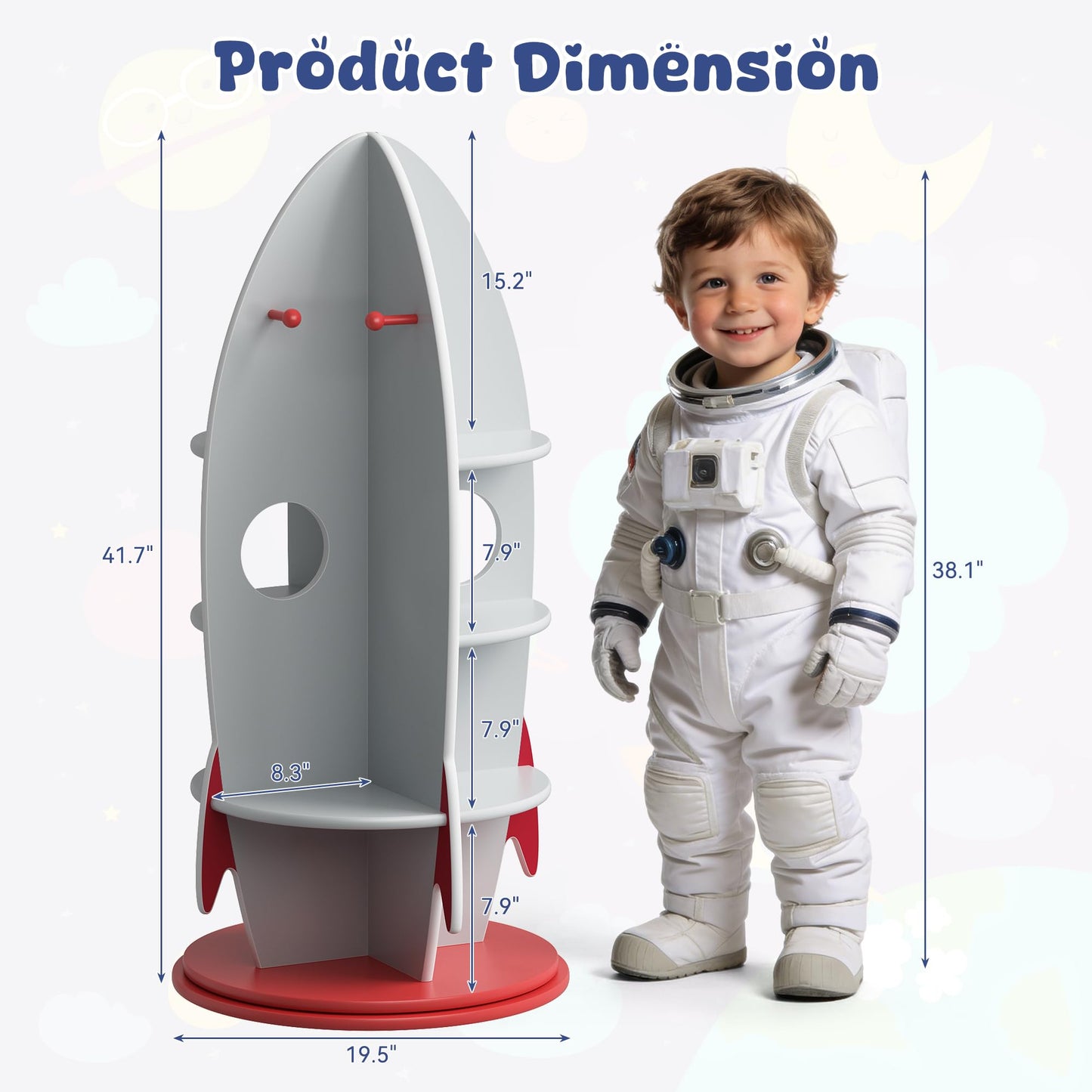 BVIUNTWO Kids Rocket Bookshelf, 360 Rotating Toy Storage Organizer, Multi-Tier Children's Bookcase with Hooks for Playroom & Nursery, Space-Themed Corner Display Shelf for Toddlers, Boys & Girls