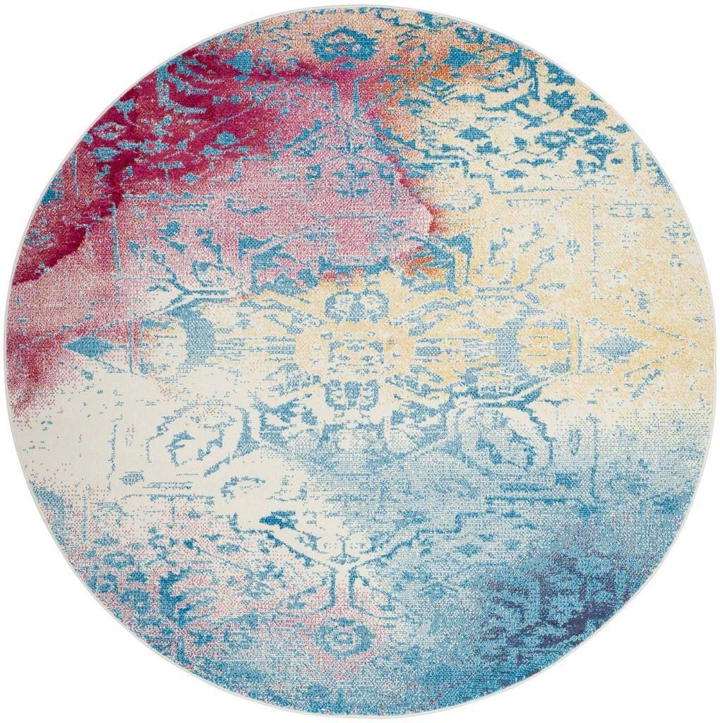 SAFAVIEH Watercolor Collection 6'7" Round Light Blue / Light Yellow WTC620G Boho Chic Overdyed Medallion Non-Shedding Dining Room Entryway Foyer Living Room Bedroom Area Rug