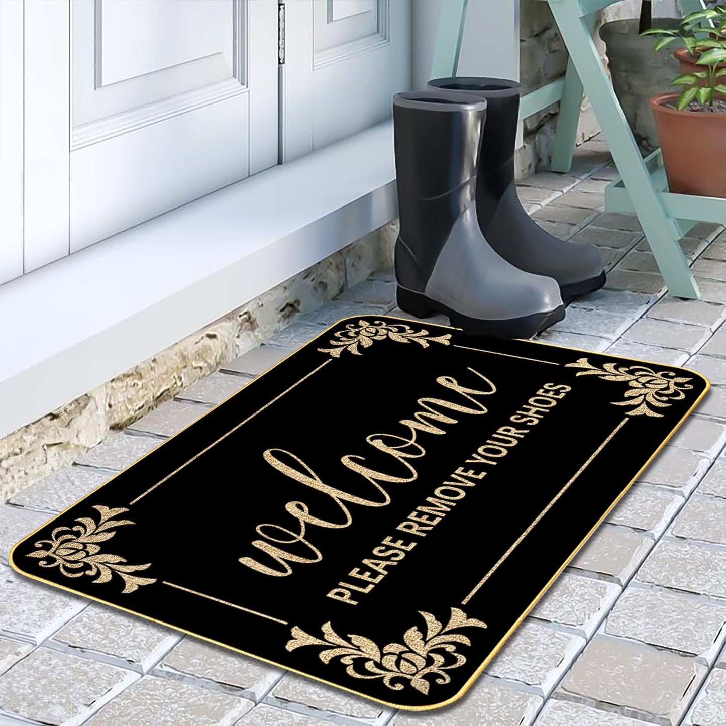 SUZEJHE Funny Welcome Mats Please Remove Your Shoes Doormats Rubber Non Slip Backing Cute Door Mat for Outdoor Indoor Uses Home Décor Housewarming Gift 17 x 29 Inch
