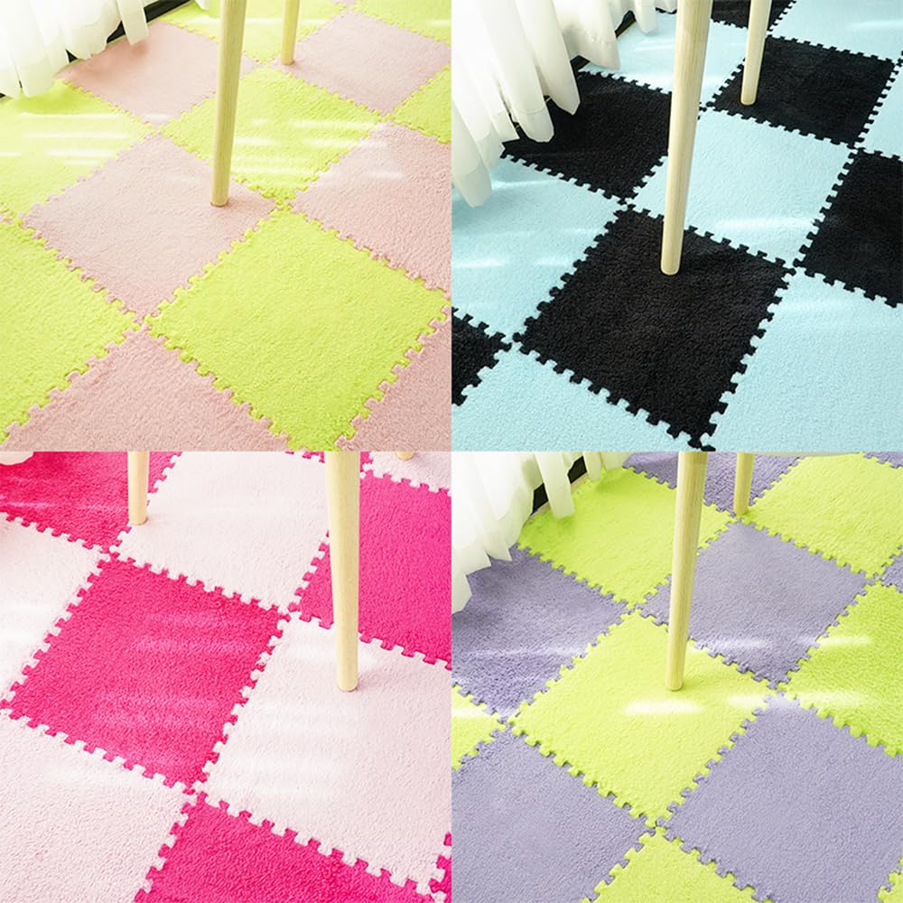 ZuTKekon 12-Pieces Square Interlocking Shaggy Soft EVA Foam Puzzle Play Mats Fuzzy Carpet Fluffy Area Rugs Set Tiles Plush Play Mat for Home Bedroom Playroom (Black + red,12 * 12inches)