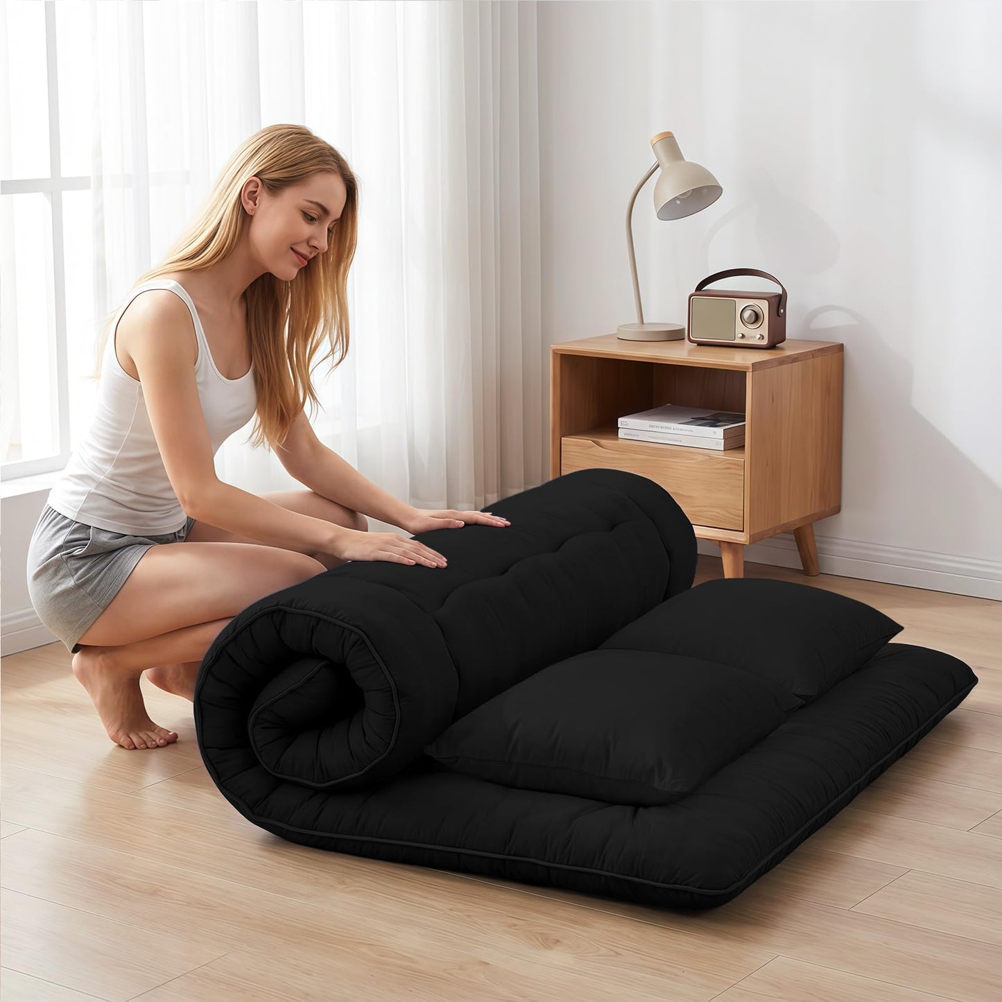 Cosovia Japanese Floor Mattress Futon Mattress, 3.5 Inch Thick Foldable Roll Up Tatami Mat with 2 Pillow Covers, Full Size Floor Bed for Guest Room Dorm Camping Kids, Black
