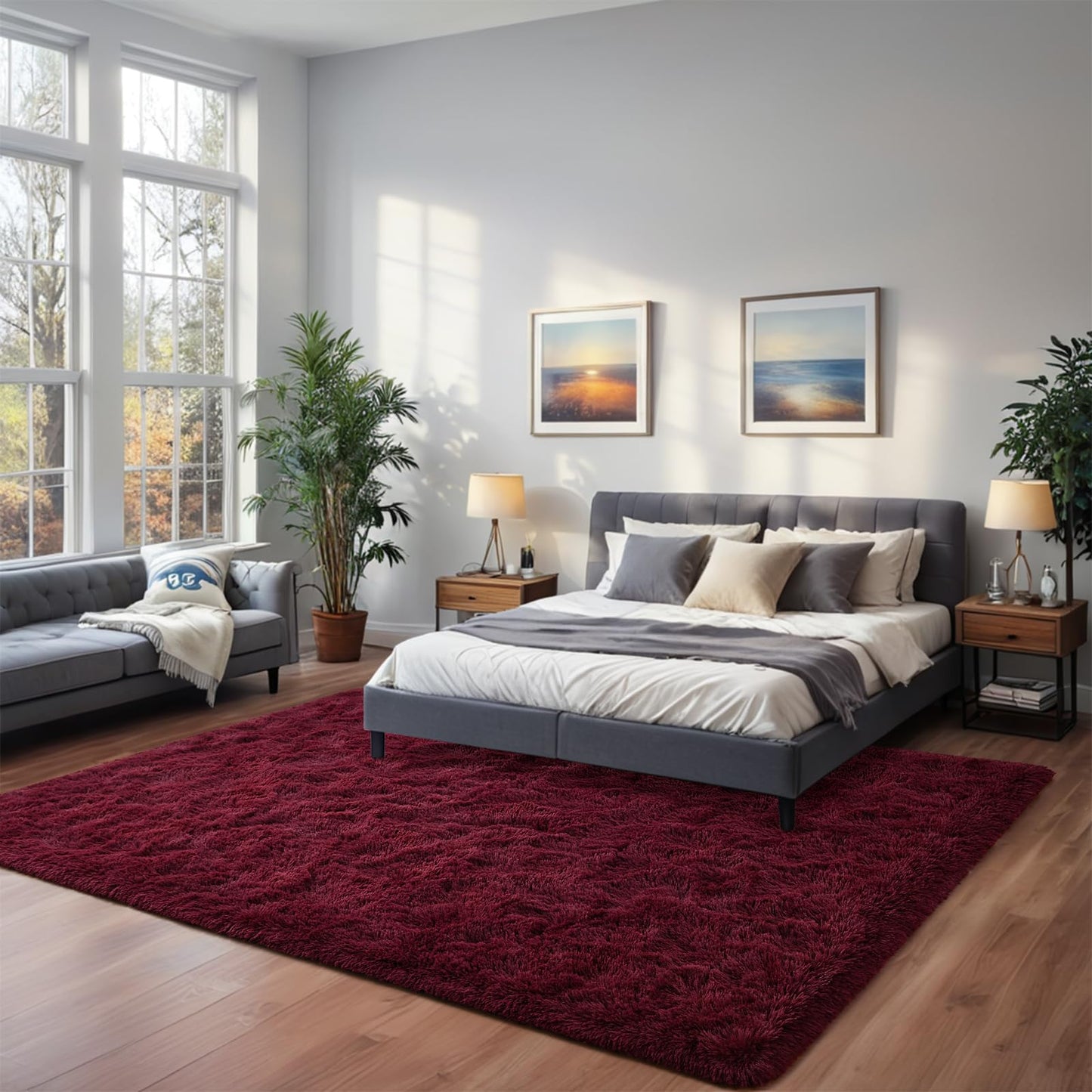 Nuttumico Fluffy Burgundy Red Rug Carpet for Bedroom Living Room, 4x6 Feet High Pile Area Rugs for Boys Kids Girls Decor, Soft Shaggy Plush Cute Floor Rug for Nursery Dorm, Non-Slip
