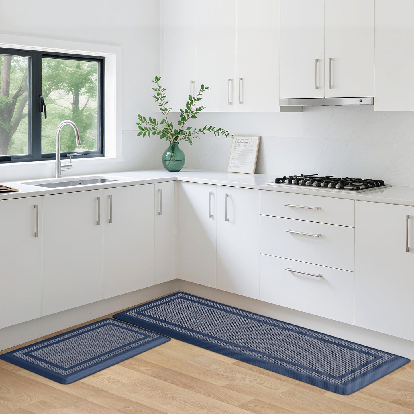 KitchenClouds [2 PCS Kitchen Rugs Cushioned Anti-Fatigue Kitchen Mats for Floor Waterproof Kitchen Rug Set Non-Slip Comfort Standing Mat for Office, Sink, Laundry 17.3"×29"+17.3"×47",Blue