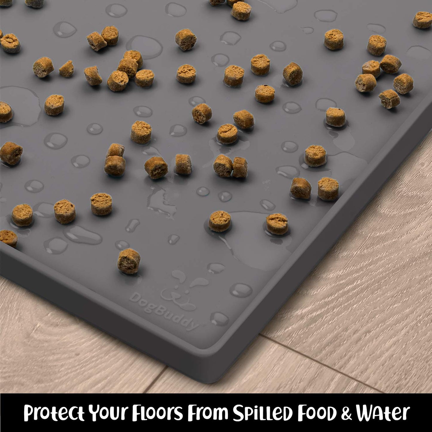 DogBuddy Dog Food Mat – Waterproof Dog Bowl Mat for Food and Water, Silicone Pet Feeding Mats for Floors, Non-Slip Placemat with High Edges for Dogs Bowls, Puppy Essentials (L: 24" x 16", Shadow)