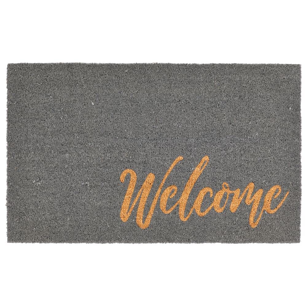 mDesign Rectangular Coir and Rubber Entryway Welcome Doormat with Natural Fibers for Indoor or Outdoor Use - Decorative Script Welcome Design - 36" x 22" - Natural/Gray
