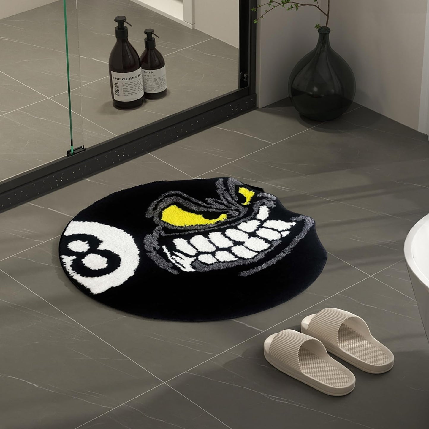 Angry 8 Ball Rug, 24" Cool Rugs for Bedroom Men, Black Round Area Rug for Man Cave, High-Pile Flocking Soft Aesthetic Carpet for Living Room Decor, Hypebeast Room Decor