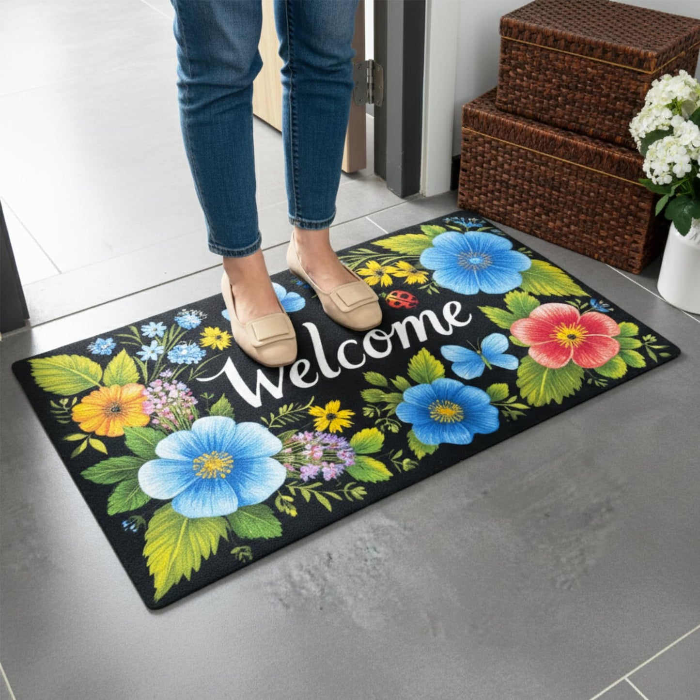 XADP Welcome Mat 17x29 Inch Spring Summer Outdoors Indoors Front Door Mat, Low Profile Doormat for Outside Inside Home Entrance, Non Slip Rubber Back Floor Rugs for Entryway, Floral