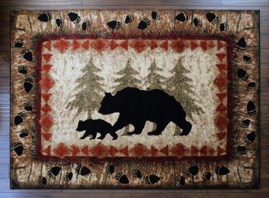 Masada Rugs, Cabin Lodge Area Rug Bear and Cub Scene (4 Feet X 5 Feet)