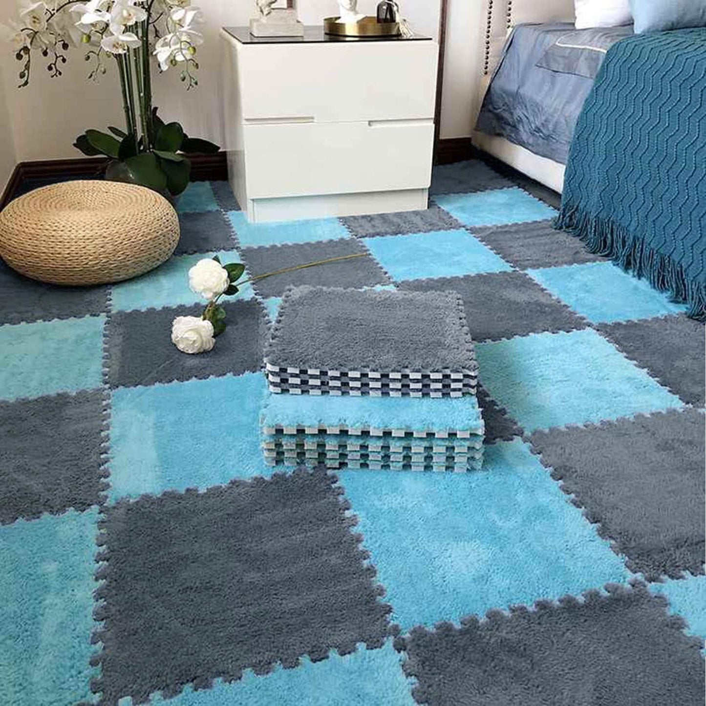 16 Pcs Carpet Foam Floor Tiles Kids Play Mat Plush Interlocking Carpet Tiles Anti-Slip Soft Protect Baby Foam Mats Replaceable Washable Puzzle Floor Mats for Playroom, Bedroom, Home Decor, 49" x 49"