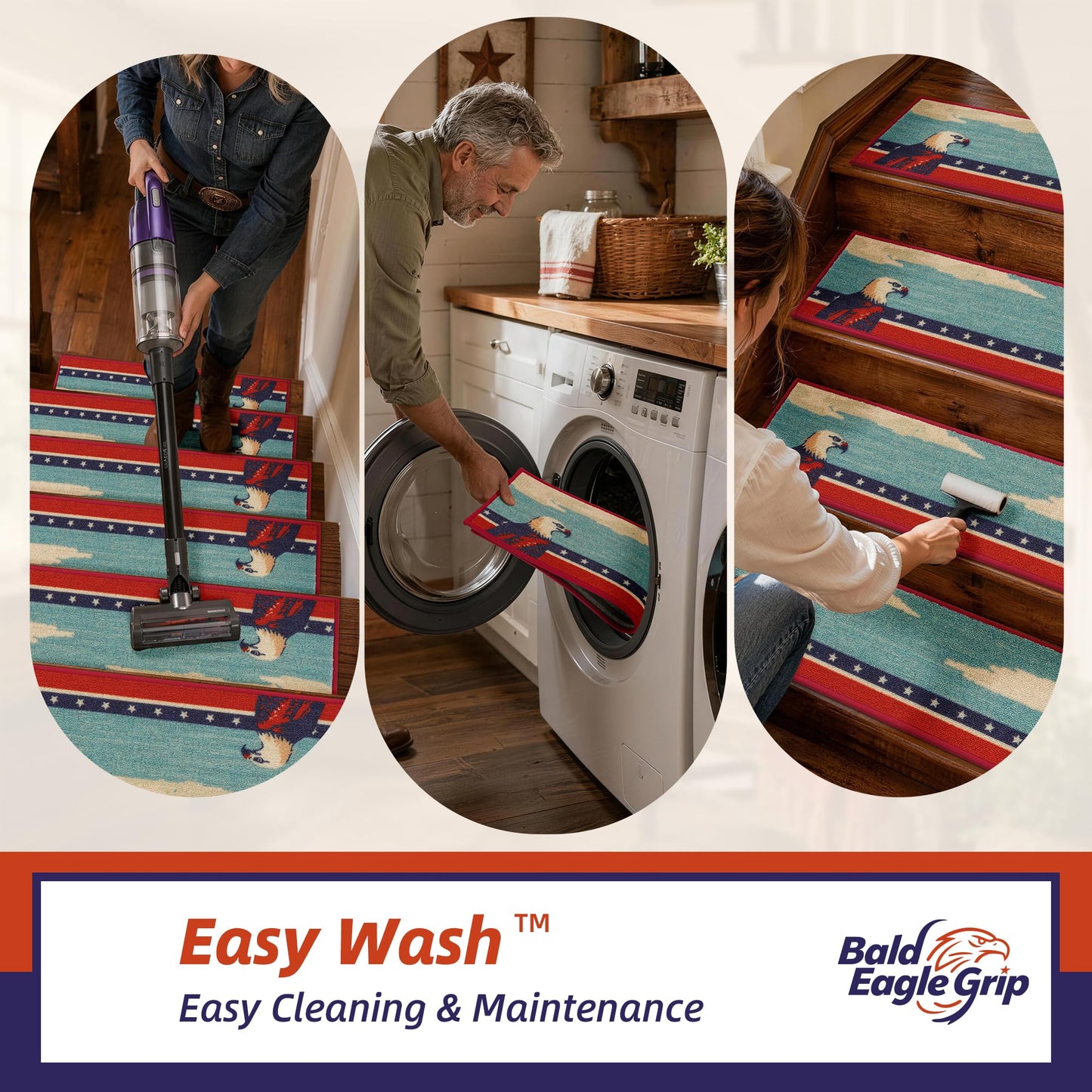 250th Anniversary Stair Treads for Wooden Steps Non Slip 8x30, Stair Carpet Treads with Patented TPE Grip, Machine Washable Stair Pads for Wood Stairs Indoor, Blad Eagle Pattern, 4 Pack