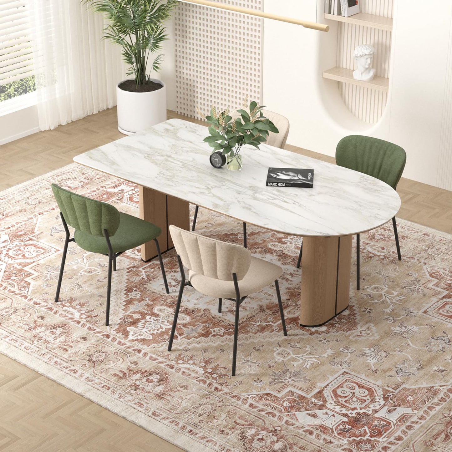 COHOME Beige Boho 6x9 Washable Rug for Under Table, Non-Slip Low Pile Area Rug for Living Room Bedroom Office, Charming Farmhouse Decor, Stain Resistant