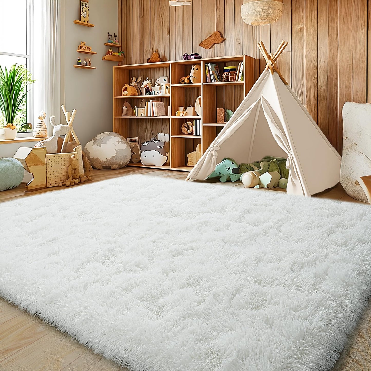 Large 8x10 Area Rugs for Living Room, Cream White Soft Shag Rug for Bedroom, Non-Slip Ultra Fluffy Rug, Modern Plush Carpet for Girls Boys Kids Room Dorm, Fuzzy Rug for Home Decor Aesthetic