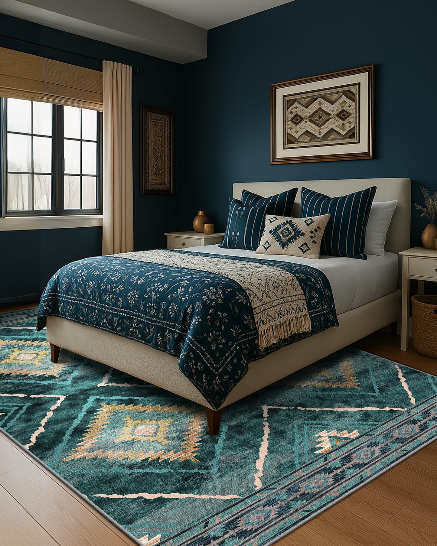 BESTSWEETIE Area Rug 5x7 Rug Machine Washable Non-Slip Low Pile Print Pattern Western Rug for Living Room Bedroom Entryway Tribal Series -Teal/Green