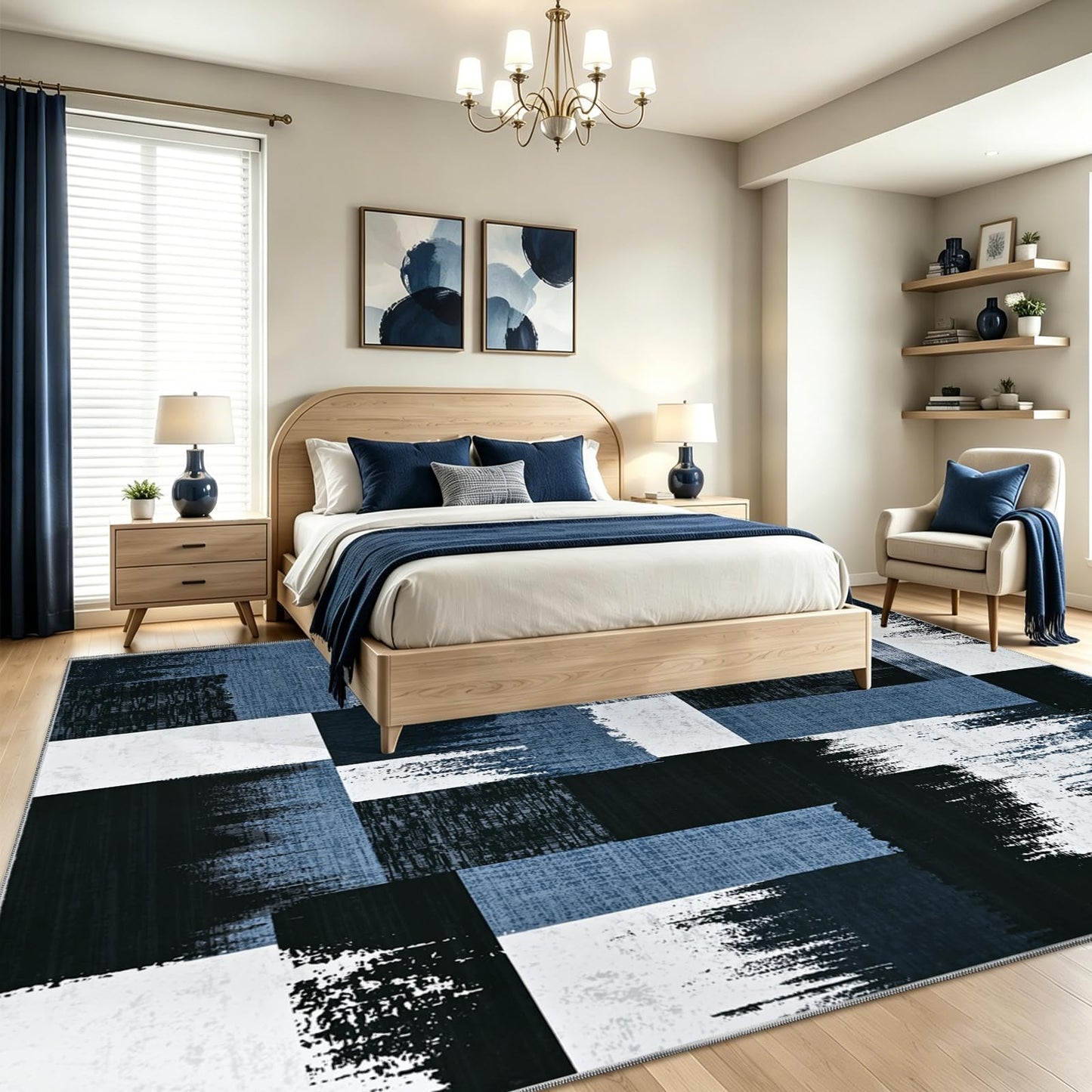 Yinhua Geometric 5x8 Area Rug for Living Room Modern Patchwork Rugs for Bedroom Low Pile Rugs Washable Non Slip, Soft Faux Wool Area Rug for Home Office, Dining Room, Blue and Gray Carpet