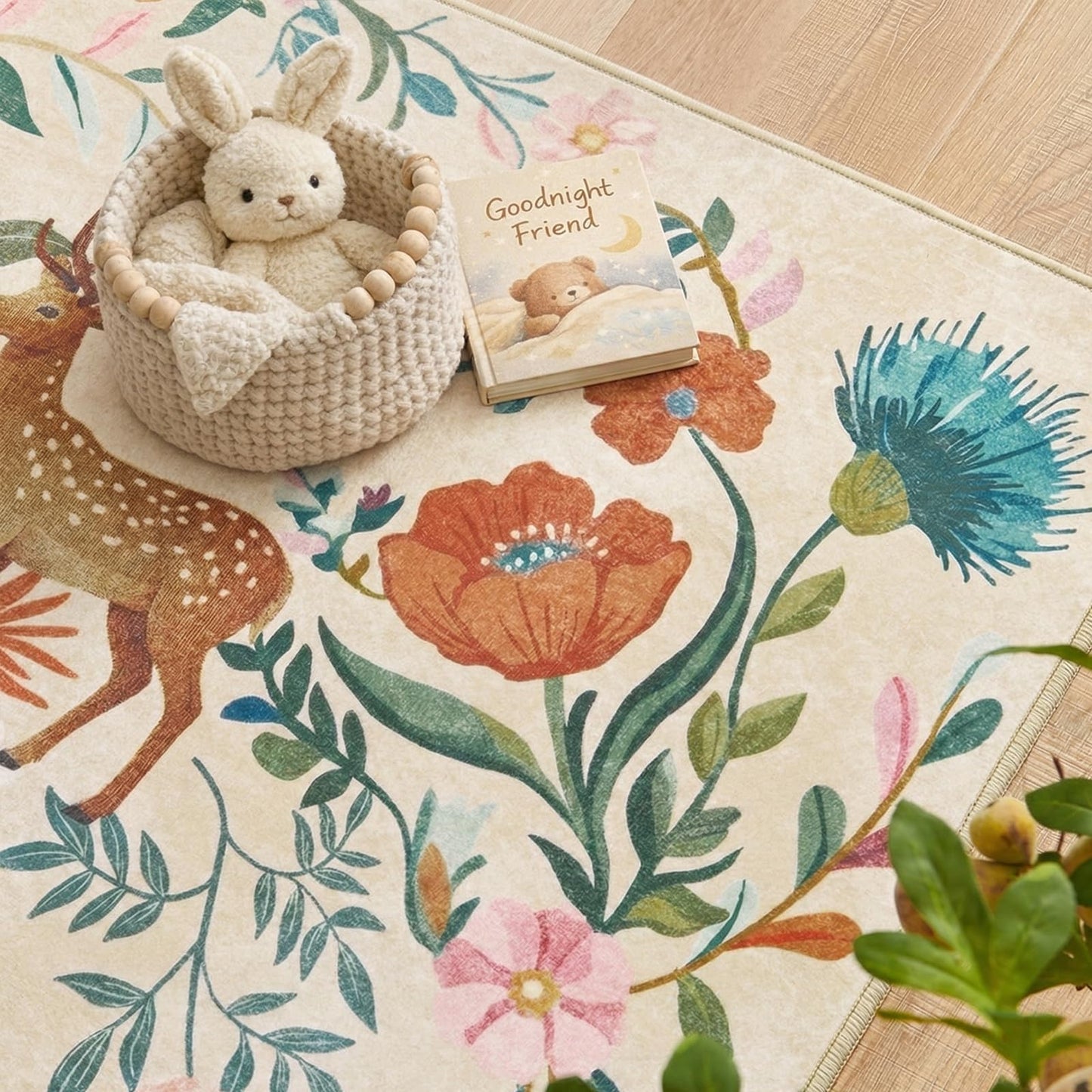 jinchan Moonrise Area Rug 8x10 Kids Room Rug Washable Unicorn Rug Soft Non-Slip Low Pile Fairytale Woodland Animals Floral Carpet for Classroom Nursery Playroom Bedroom Living Room Daylight Cream