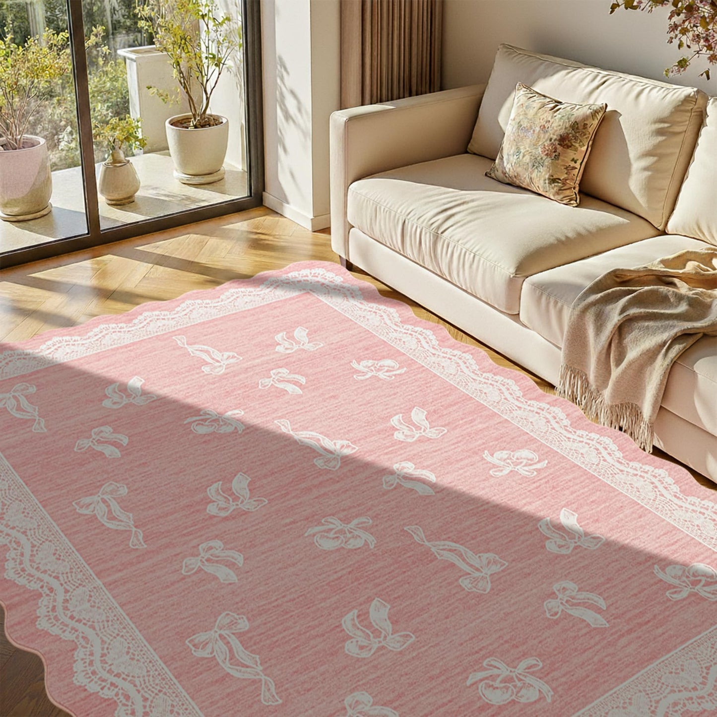 ORTIGIA 5x7 Scalloped Area Rug for Living Room, Pink Washable Low Pile Non Slip Rug with Bow Large Carpet for Girl Nursery Bedroom Playroom Dining Room Home Indoor Decor