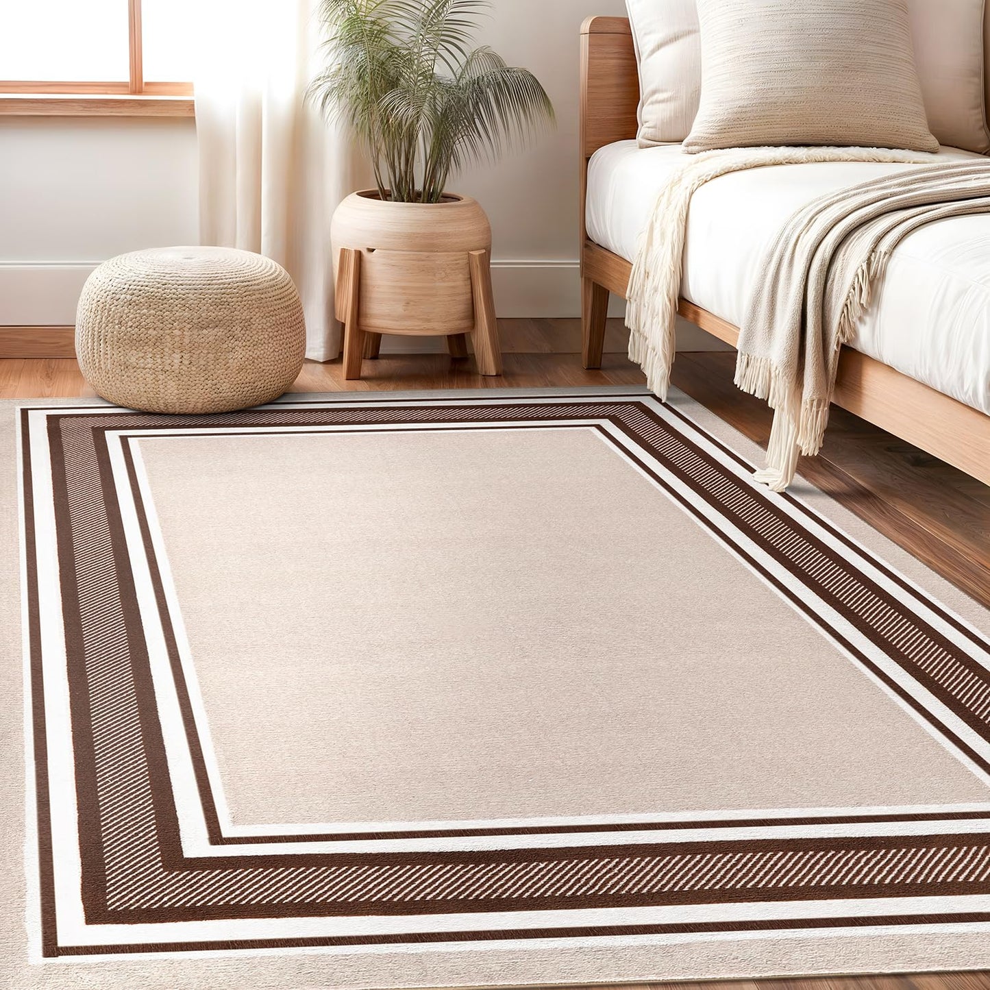 Beverly Rug Non Slip Area Rugs 5x7 Modern Bordered Non Skid Rubber Backing Soft Area Rug for Living Dining Room Easy to Clean Non Shedding Kitchen Bedroom Indoor Carpet 5 x 7 Beige-Brown