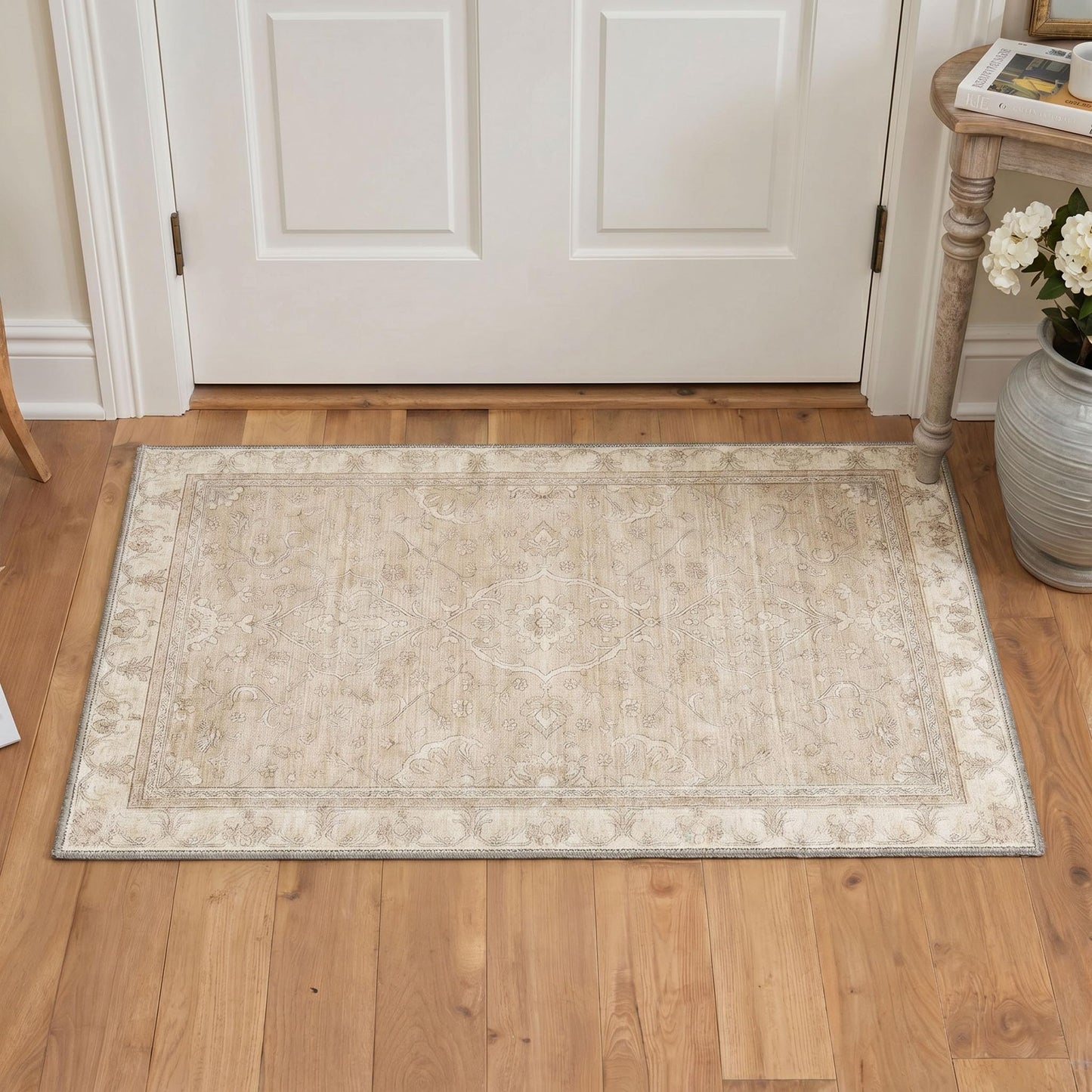 GENIMO 2X5 Hallway Runner Rug, Machine Washable Non Slip Boho Vintage Rustic Rugs, Low Pile Soft Stain Resistant Rug for Entryway, Kitchen, Warm Beige