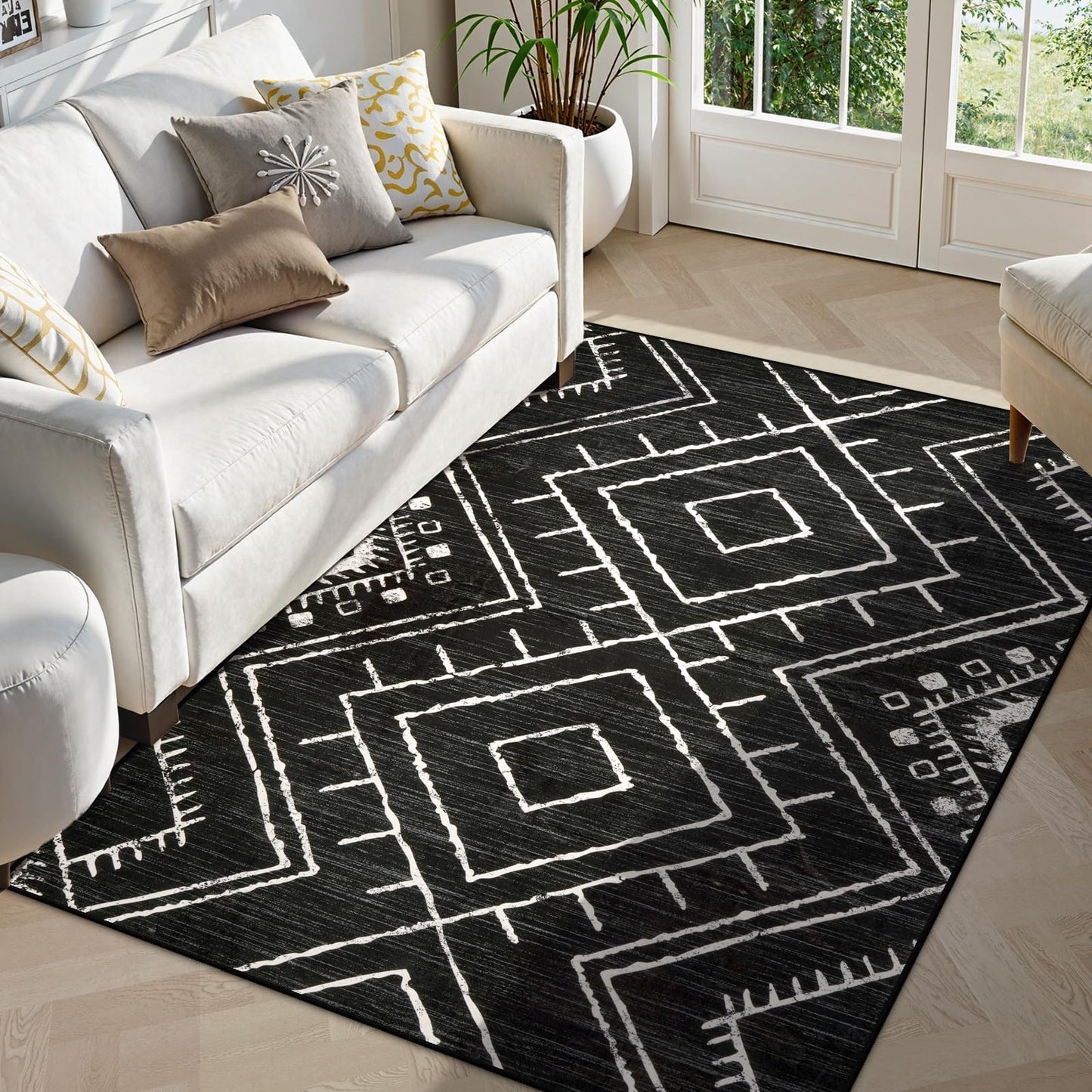 LIVEBOX Western 5x7 Area Rug, Black Washable Rugs for Living Room Bedroom, Non Slip Moroccan Tribal Rug Low Pile Modern Geometric Boho Area Rugs Diamond Carpet for Dining Room Home Office Playroom