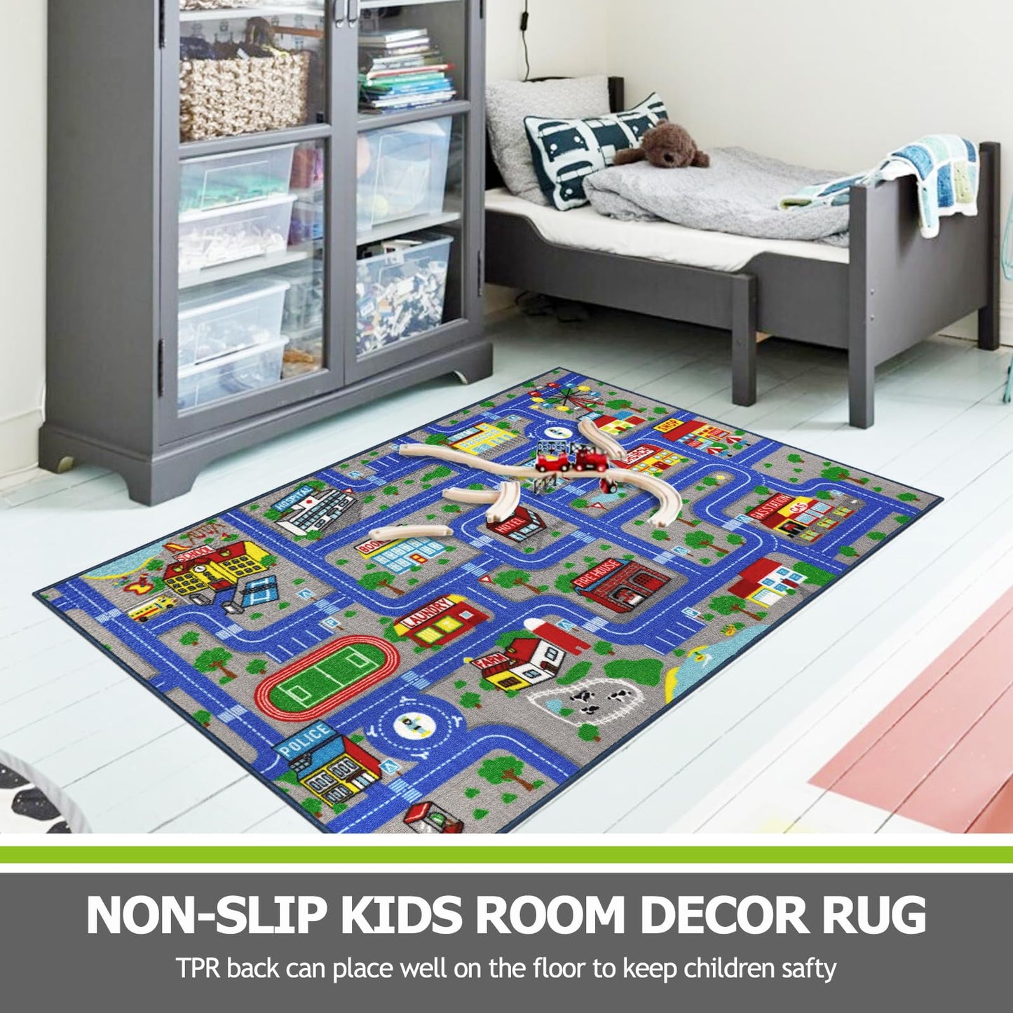 Capslpad Blue Car Road Kid Rug Carpet Playmat for Playoom Traffic Road Kids Play Mat for Toddler Non Slip Washable City Map Race Track Carpet Rug for Kids Room Bedroom Nursery Room Decor,5.2'x3.3'