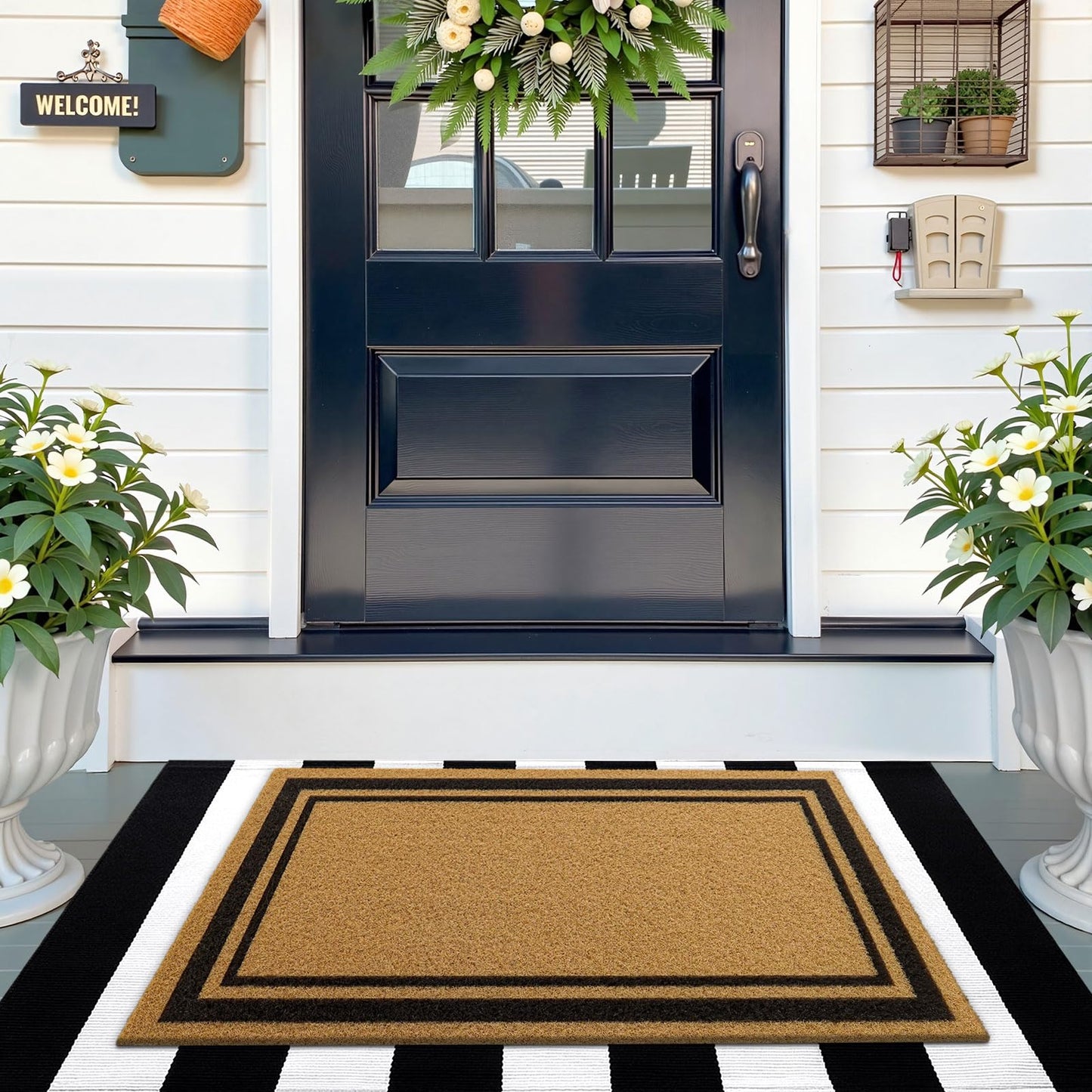 OLANLY Front Door Mat, Low Profile Doormat, Stain and Fade Resistant, Easy to Clean, for Indoor and Outdoor Entrances, Patio Porch or Entryway, Brown (30x17 Inch, Classic Border)