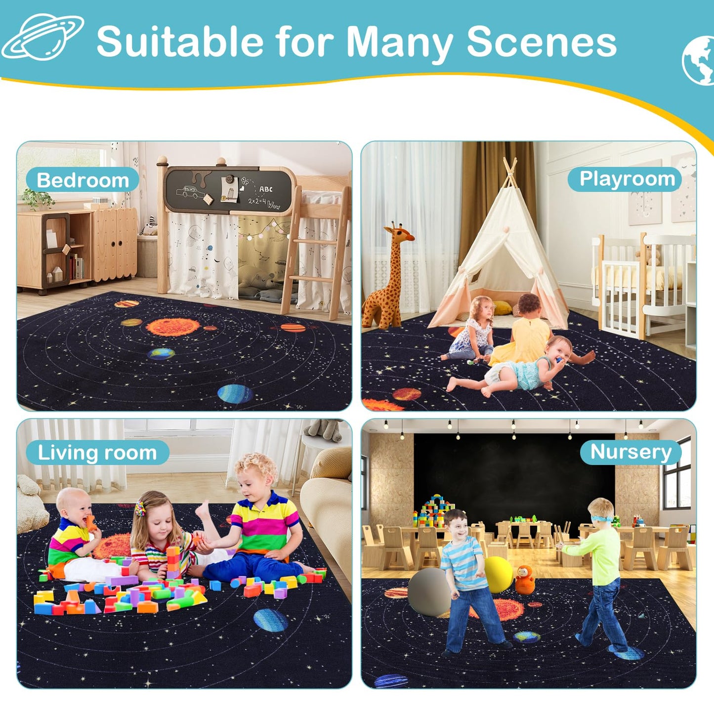 PCSWEET HOME Outer Space Kids Rug for Bedroom Educational Rug for Playroom 4' 11" x 6' 7" Washable Kids Play Mat for Living Room Large Area Rug for Living Room