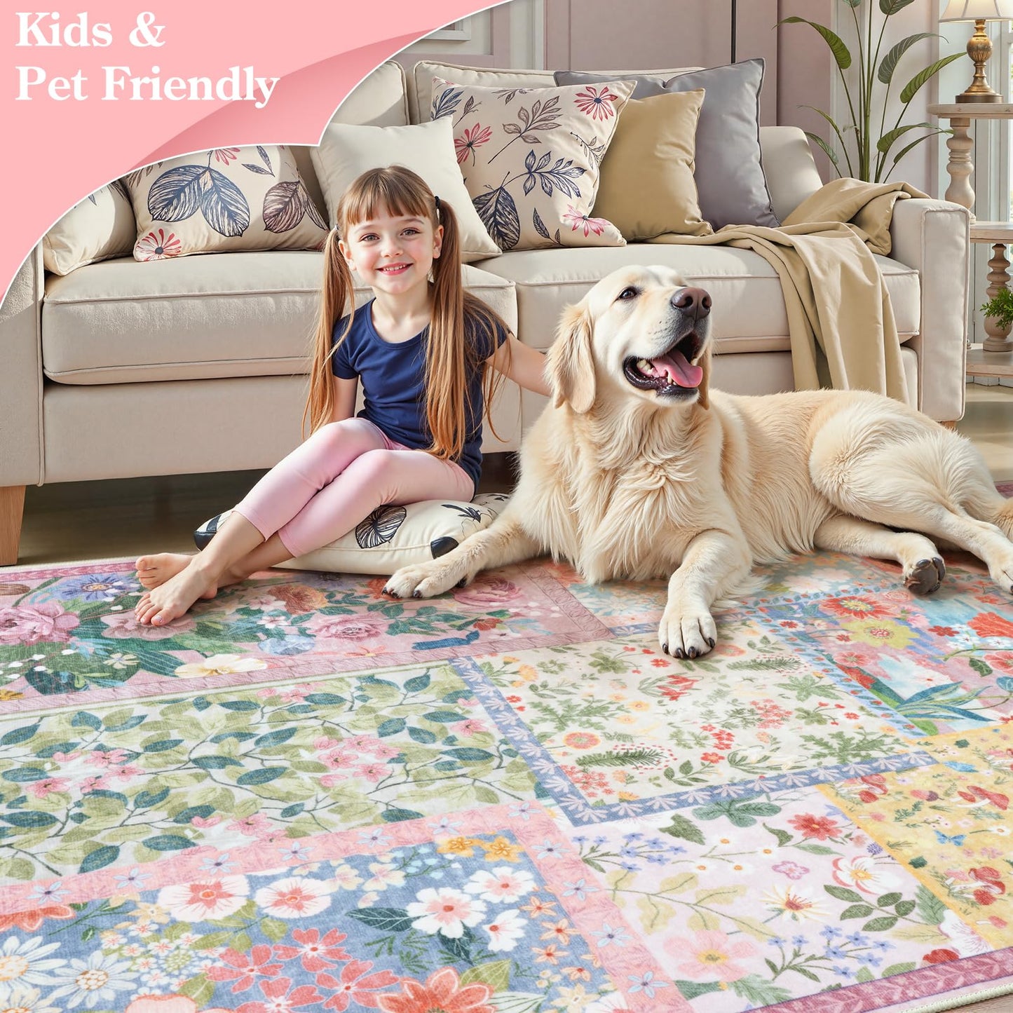 LIVEBOX Pink Washable Rugs 8x10 for Living Room, Soft Pink Rug for Bedroom,Non Slip Ultra Thin Rug Botanical Bedroom Rugs 8x10 Under Bed, Floor Carpet for Dining Room Home Office