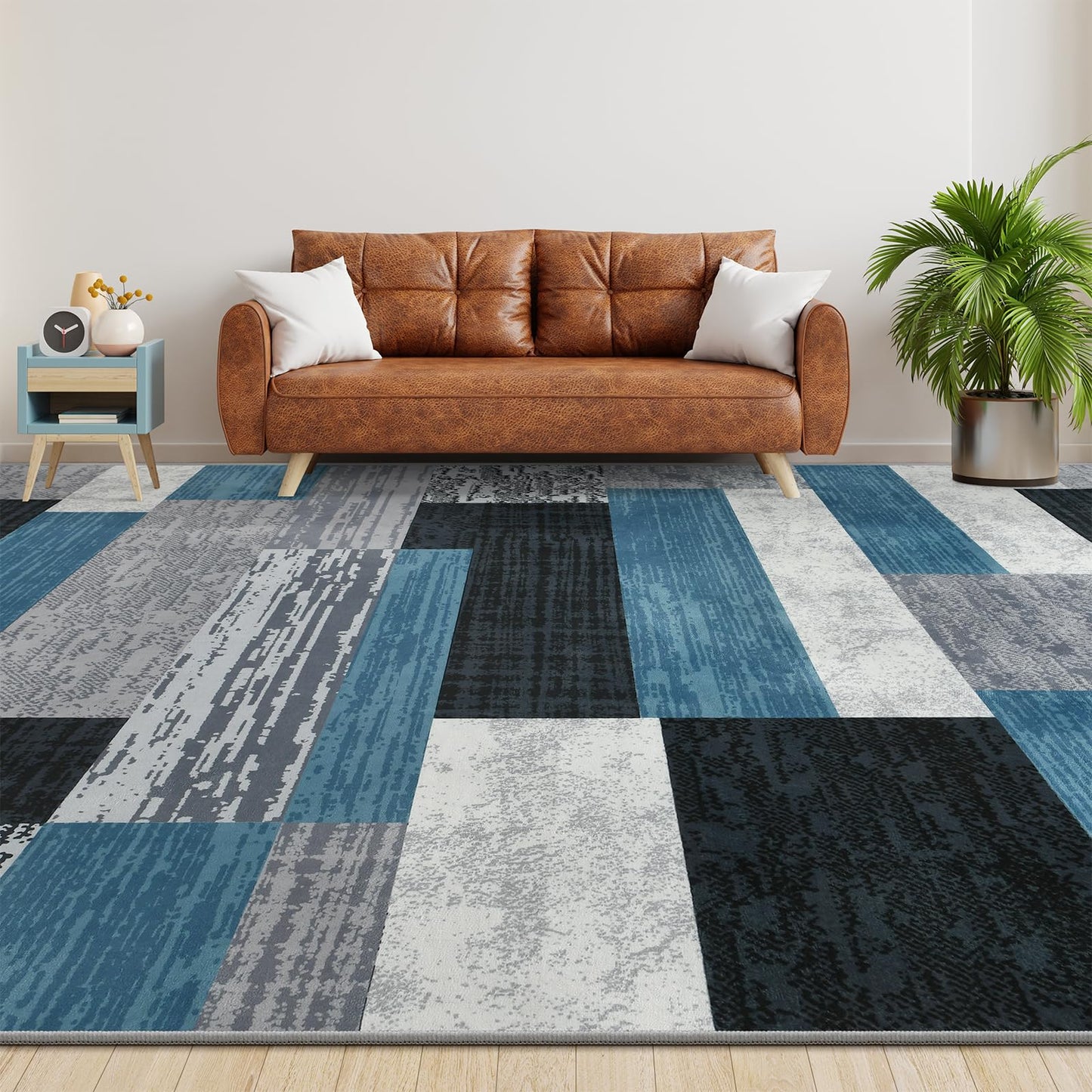 Large Area Rugs,Modern Geometric Patchwork Floor Decor for Bedroom Aesthetic Carpet, Rockwood Collection, Indoor Rugs for Living Room, Dining Room, Nursery, Office, Machine Washable Rug,5x8 Ft Blue