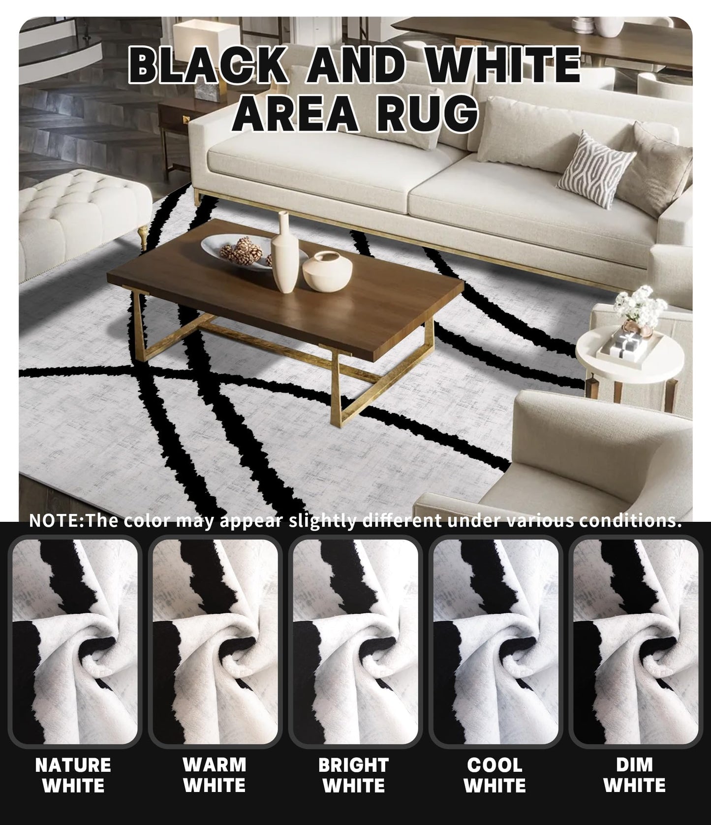 YIHOUSE Modern Area Rugs 6x9, Washable Black and White Rug, Thin Abstract Geometric Minimalist Striped Rug, Black Rugs for Living Room,Bedroom,Kitchen,Dining Room,Office