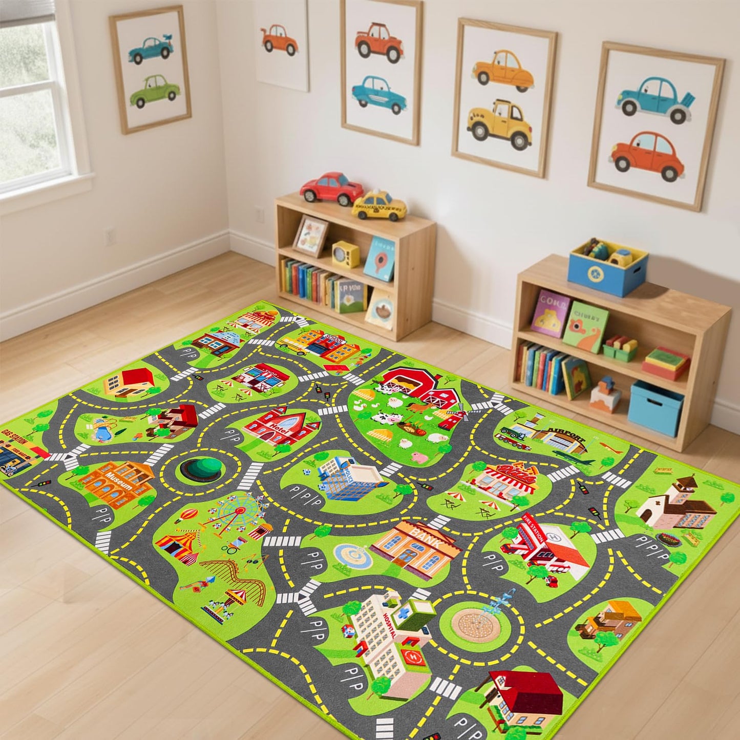 Kids Car Rug Play Mat, Non Slip City Road Carpet for Kids Toy Cars, Car Track Rug Play Mats for Floor, Educational Vehicle Rugs for Playroom Bedroom Kids Room, Machine Washable (60"X36", A)