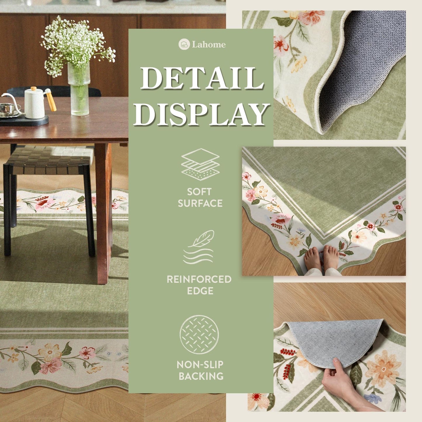 Lahome Floral 2x3 Rug, Green Kitchen Rugs Ultra-Thin Washable Scalloped Bathroom Rug Indoor Mats for Entryway Non-Slip, Boho Stain Resistant Small Throw Rugs for Bedroom Ariele(Green)