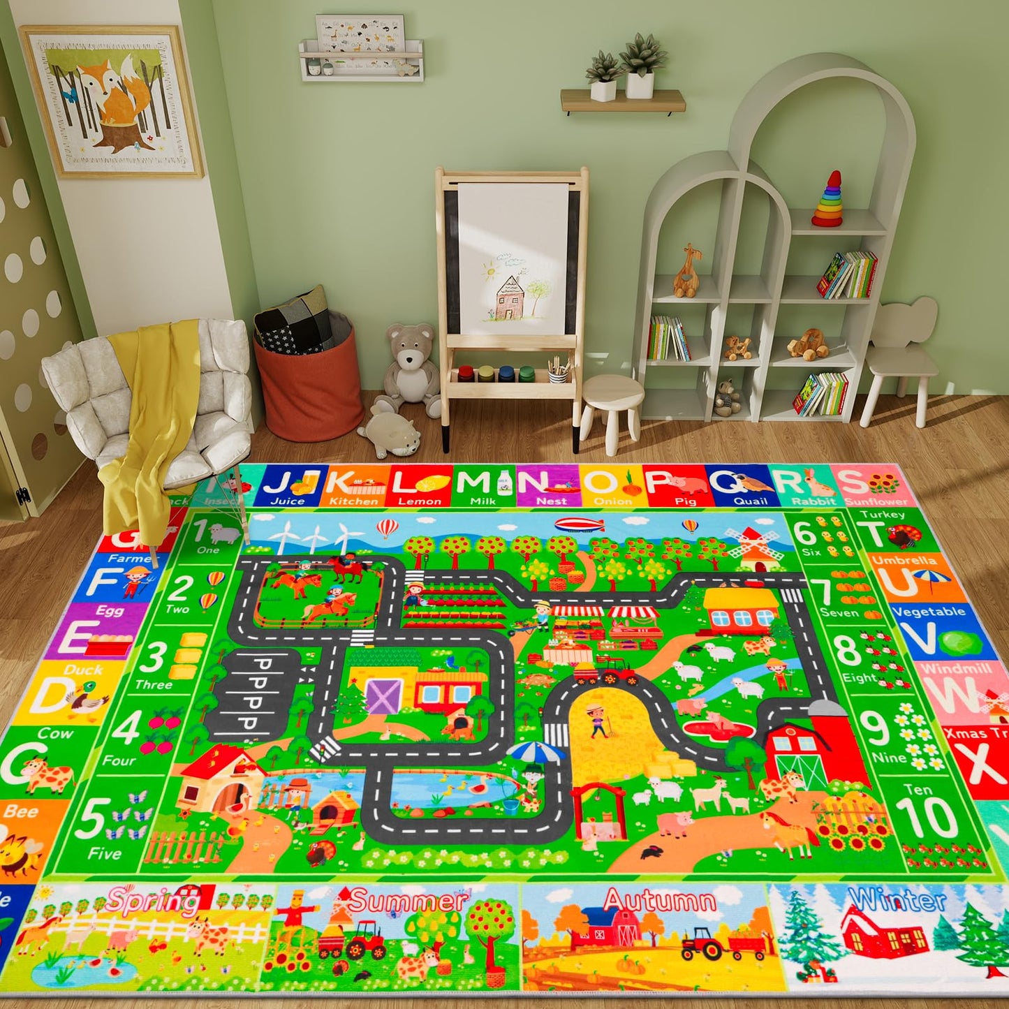 DINSUMRUG Kids Rugs for Toy Cars Playroom 59"×39.4" ABC Farm Life Road Traffic Kids Car Road Rugs Village Map Play Mat for Boys Room Family Tummy Time Playtime Learning Carpet
