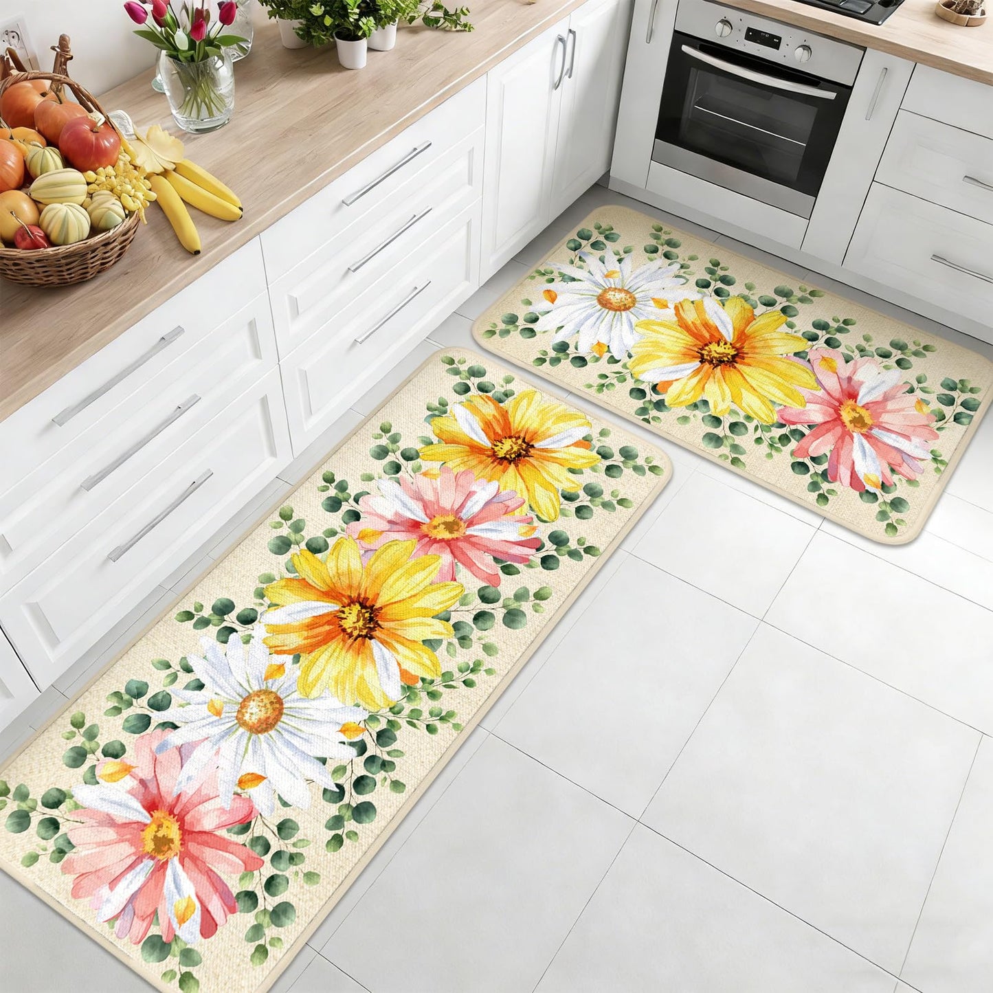 Bencailor 3 Pcs Spring Kitchen Rugs and Mats Set Daisy Non Slip Farmhouse Spring Cabin Mats for Floor Home Bathroom Decor