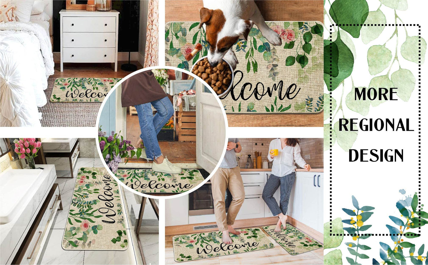 ORTIGIA Welcome Outdoor Doormat Indoor Patio Spring Eucalyptus Leaves Door Mats Non-Slip Durable Entrance Mat for Home Entrance, Outside Entry, Yard, Floor, Patio 17x36INCH