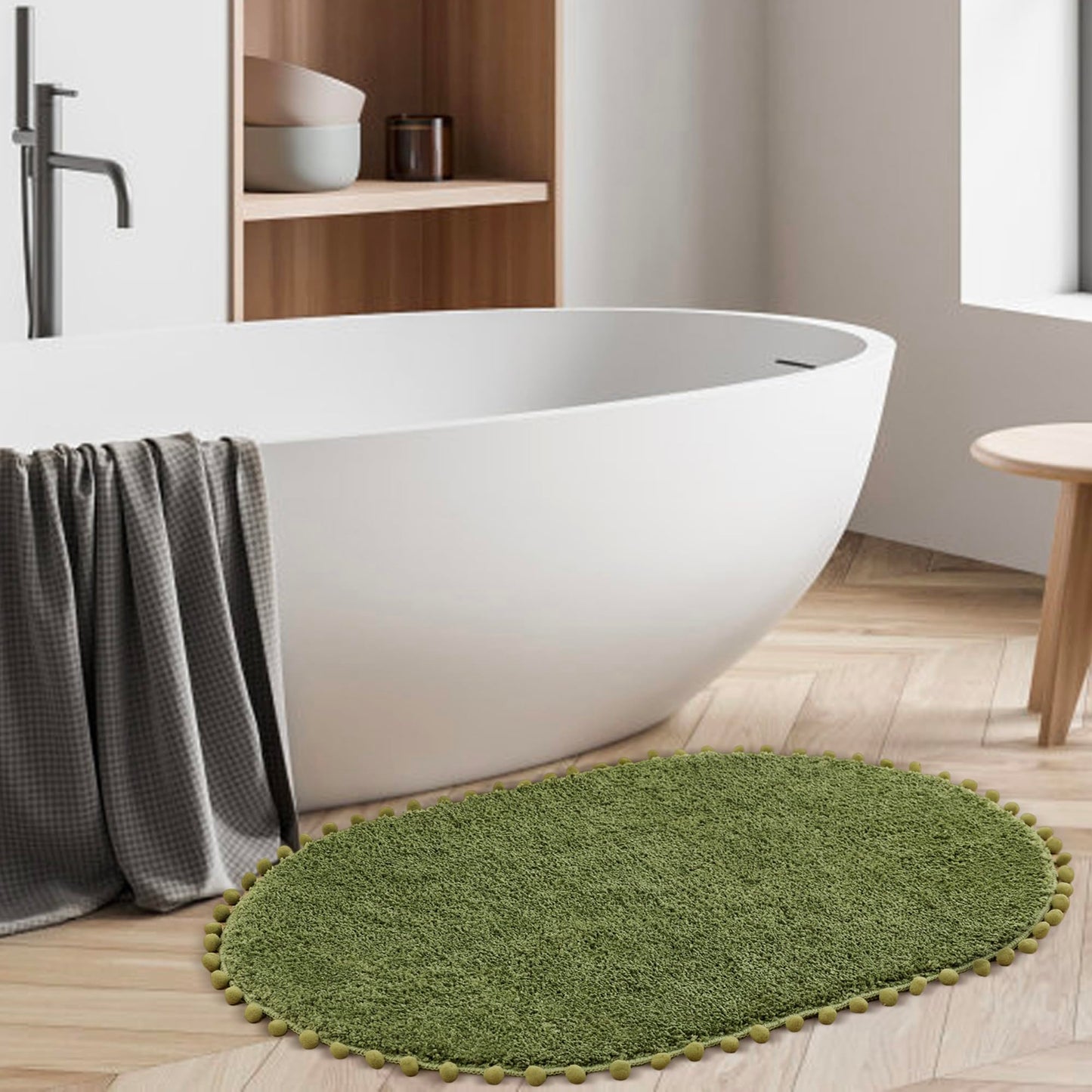 YIRDDEO Bath Mat Olive Green Oval Rug with Pom Bathroom Rugs for Bedroom Non Slip Cute Boho Absorbent Mats Soft Plush Washable Rug (24x36 inches)