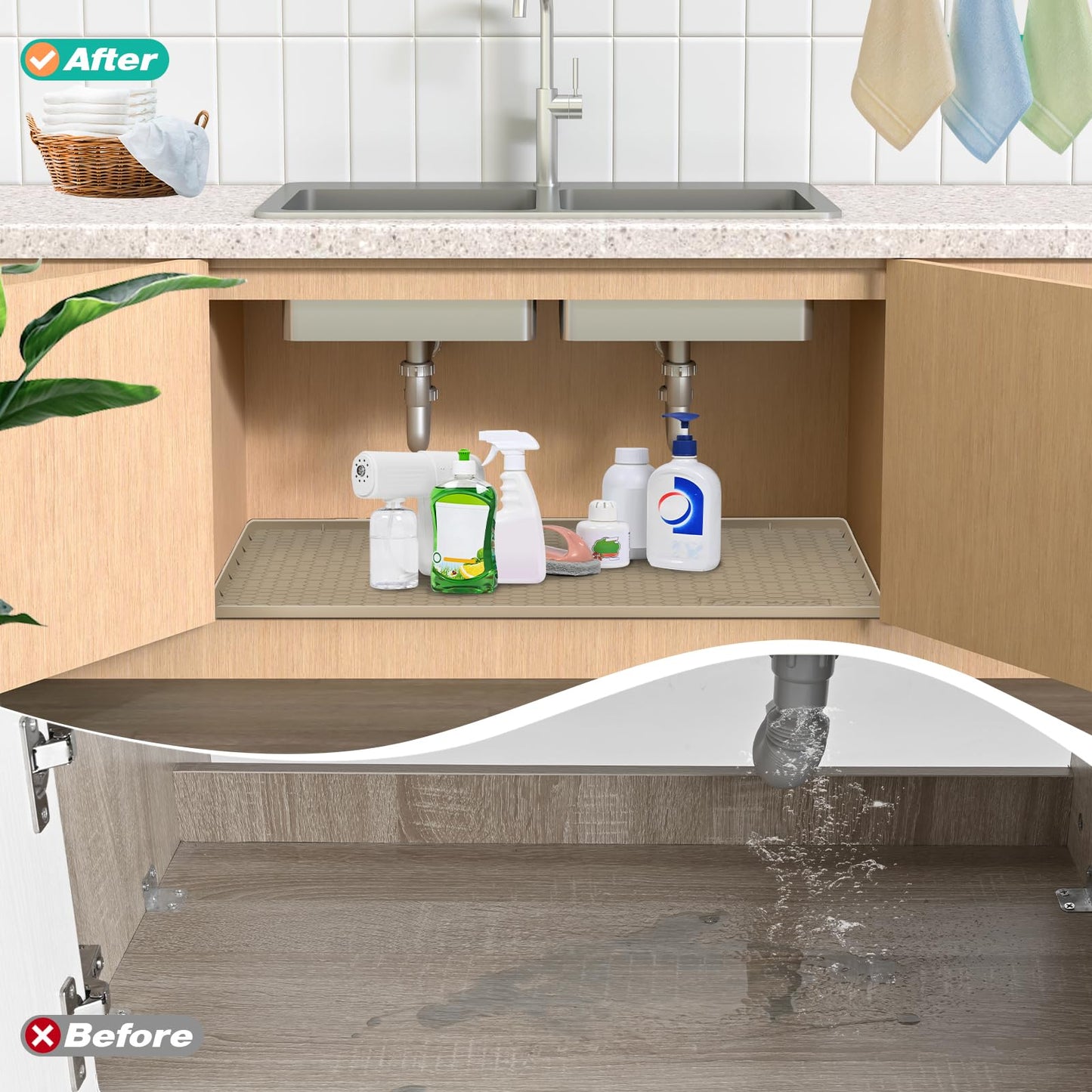FORWOS Waterproof Under Sink Mat 28" x 19", Silicone Cabinet Liner, Rubber Protector for Kitchen and Bathroom, Keeps Cabinets Clean, Dry, and Organized (Beige)