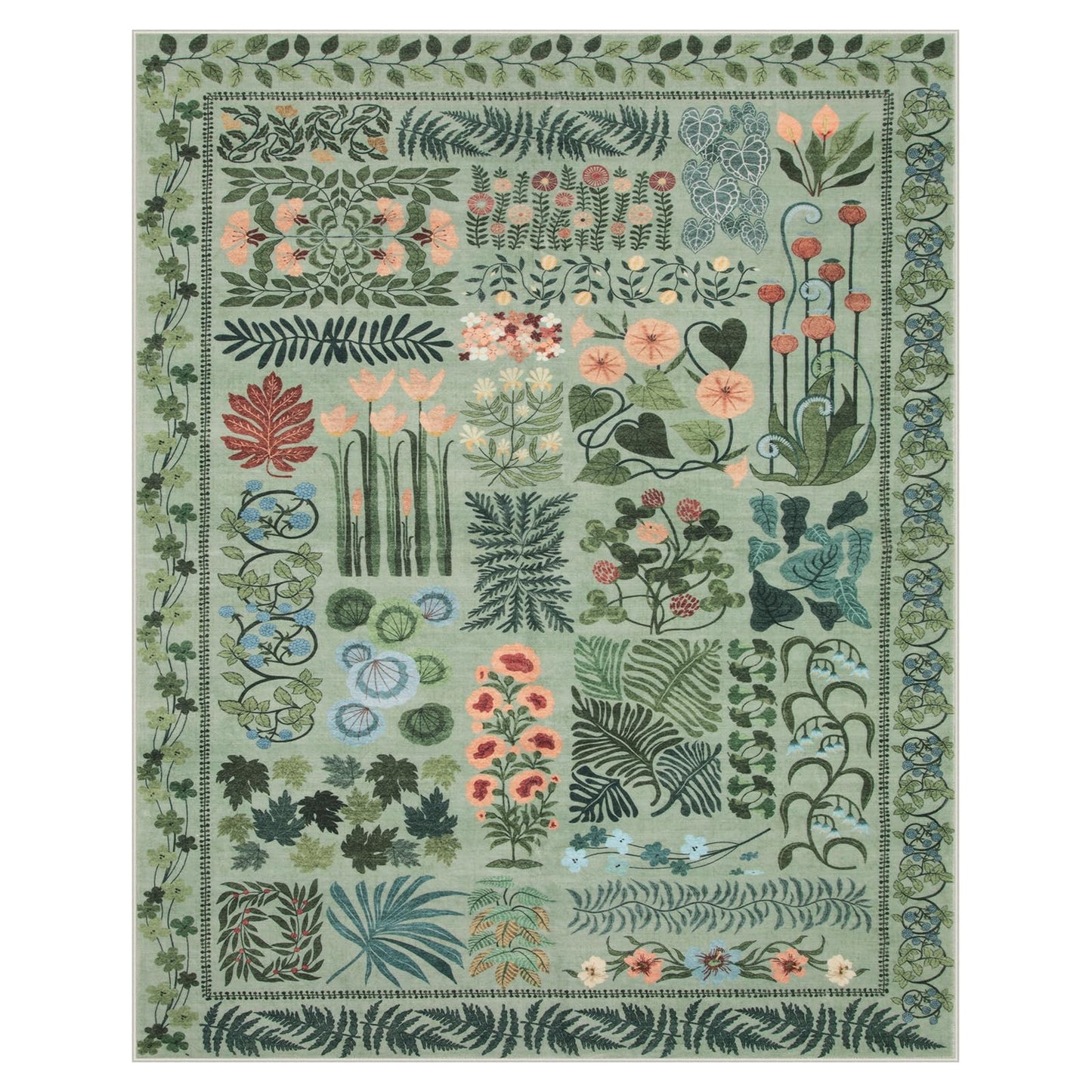 Zealude Boho Green Washable 8x10 Area Rug for Living Room, Floral Large Rugs for Bedroom Aesthetic, Non Slip Botanical Soft Indoor Throw Carpet for Dining Room Home Office Playroom (Green,8 x 10)