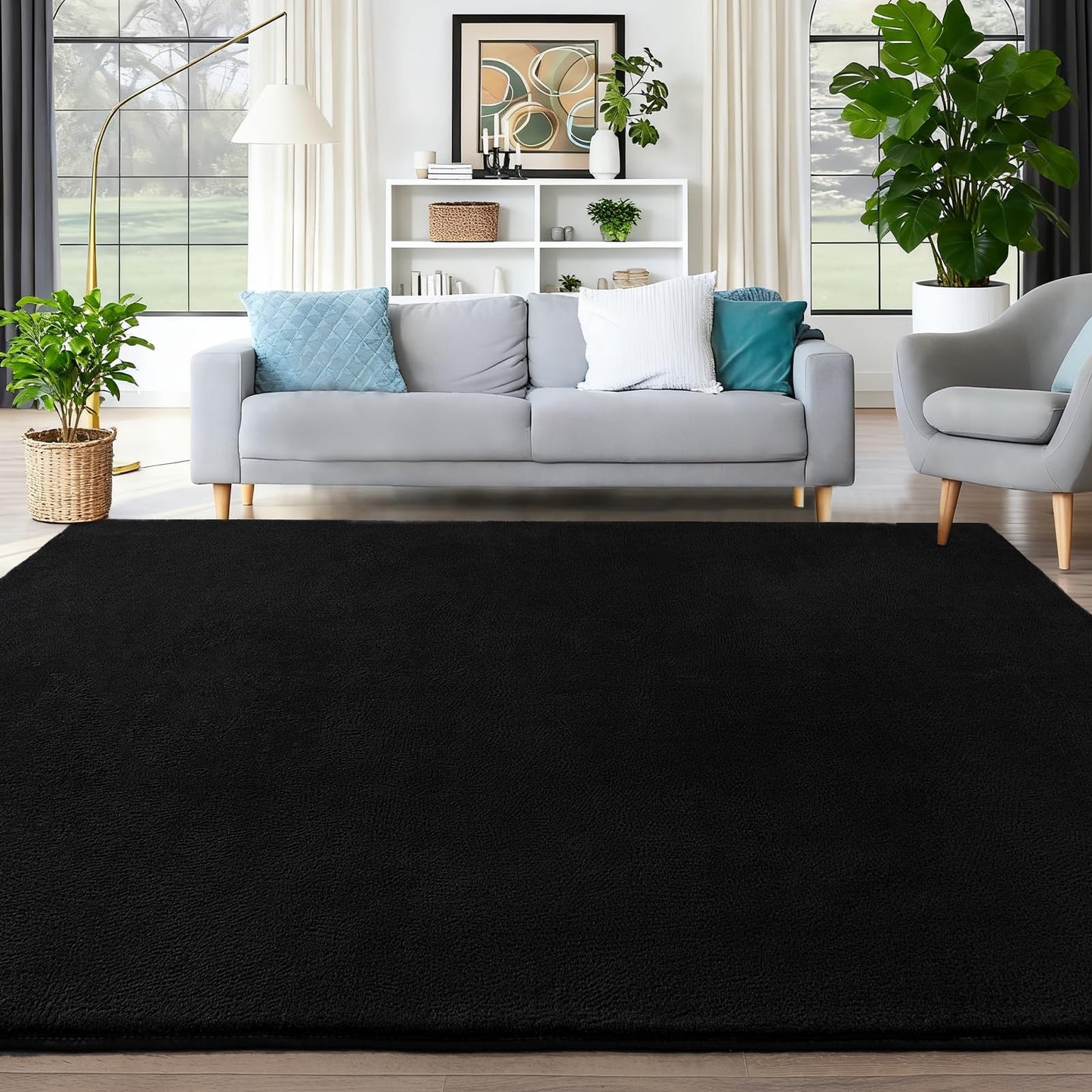 QDUIDU Large Area Rugs for Bedroom Living Room - 6x9 Feet Ultra Soft Black Rug Thickened with Memory-Foam, Solid Modern Minimalist Carpets for Home Decor, Non-Slip and Comfy Nursery Room Rugs