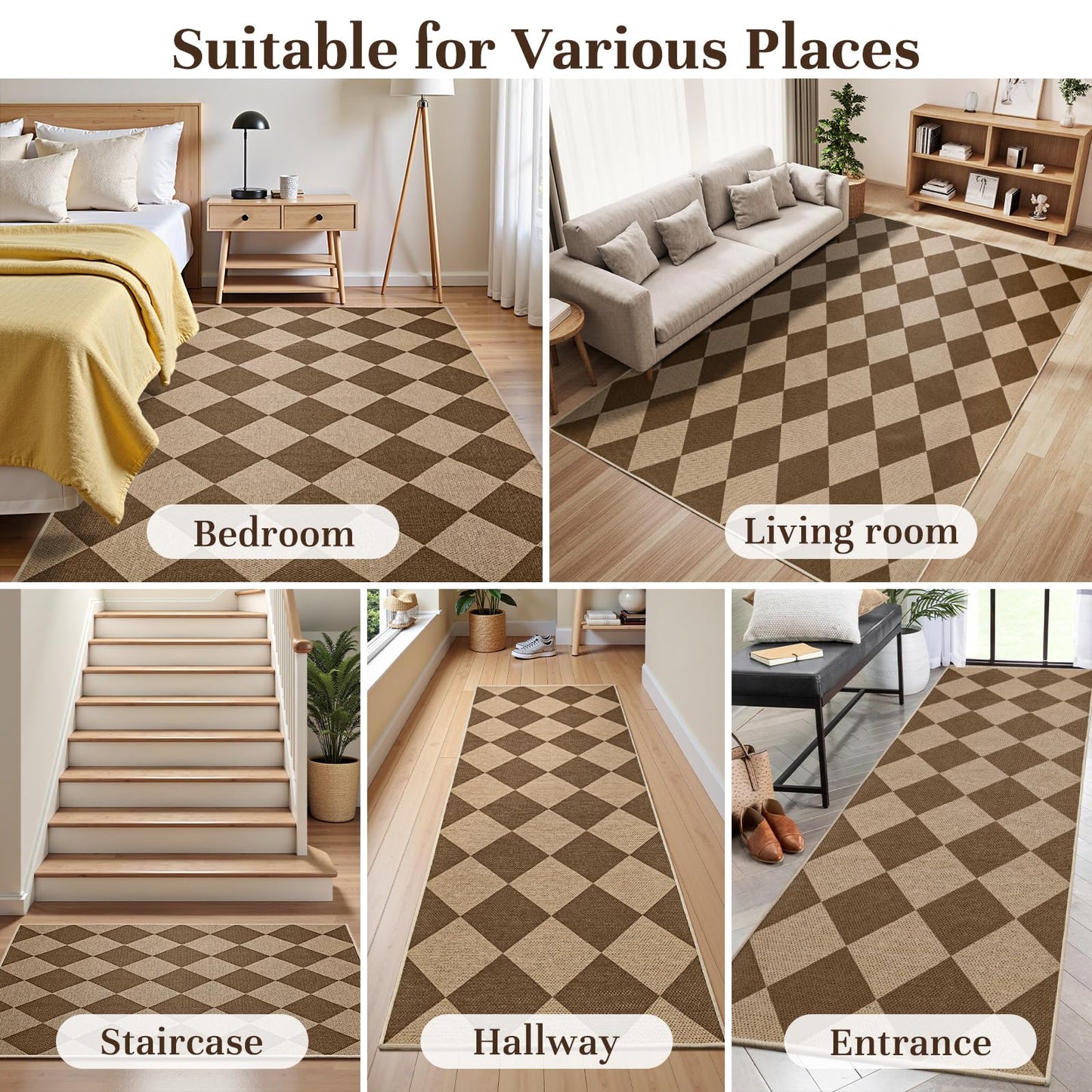 EDIMENS Checkered Easy Jute Area Rugs, 5x7 Outdoor Patio Rug for Entryway Indoor Outdoor Living Room Carpet, Brown Washable Non Slip Diamond Farmhouse Carpet for Backyard Front Porch Patio Balcony