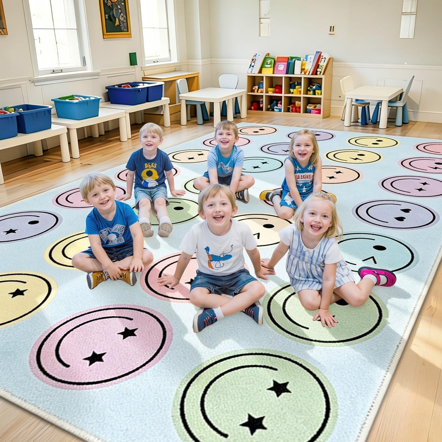 7.6x12 ft Large Smile Face Classroom Rug Happy Face Educational Area Mat Smile Faces Blue & Multicolor Play Carpet Back to School Learning Mat for Preschool Playroom Nursery Kindergarten(Blue)