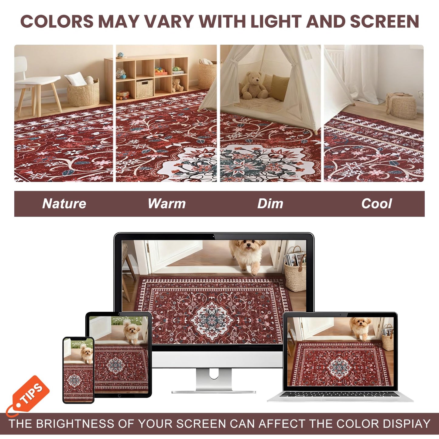 BLEUM CADE 5' x 7' Red Boho Rugs for Living Room, Washable Low Pile Non-Slip Area Rugs for Bedroom Dining Room Kitchen Classroom Office Nursery Playroom