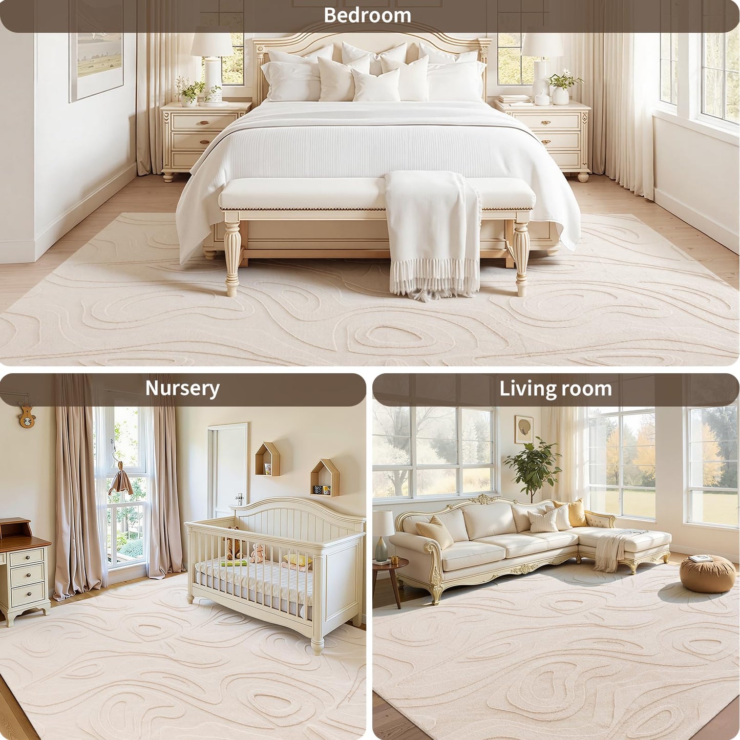 UKISS Washable Rugs 8'x10' Area Rugs for Living Room ,Ultra Soft Faux Rabbit Fur Embossed Rug for Bedroom, Non Slip&Non-Shedding Low Pile Large Carpets for Home Decor Beige