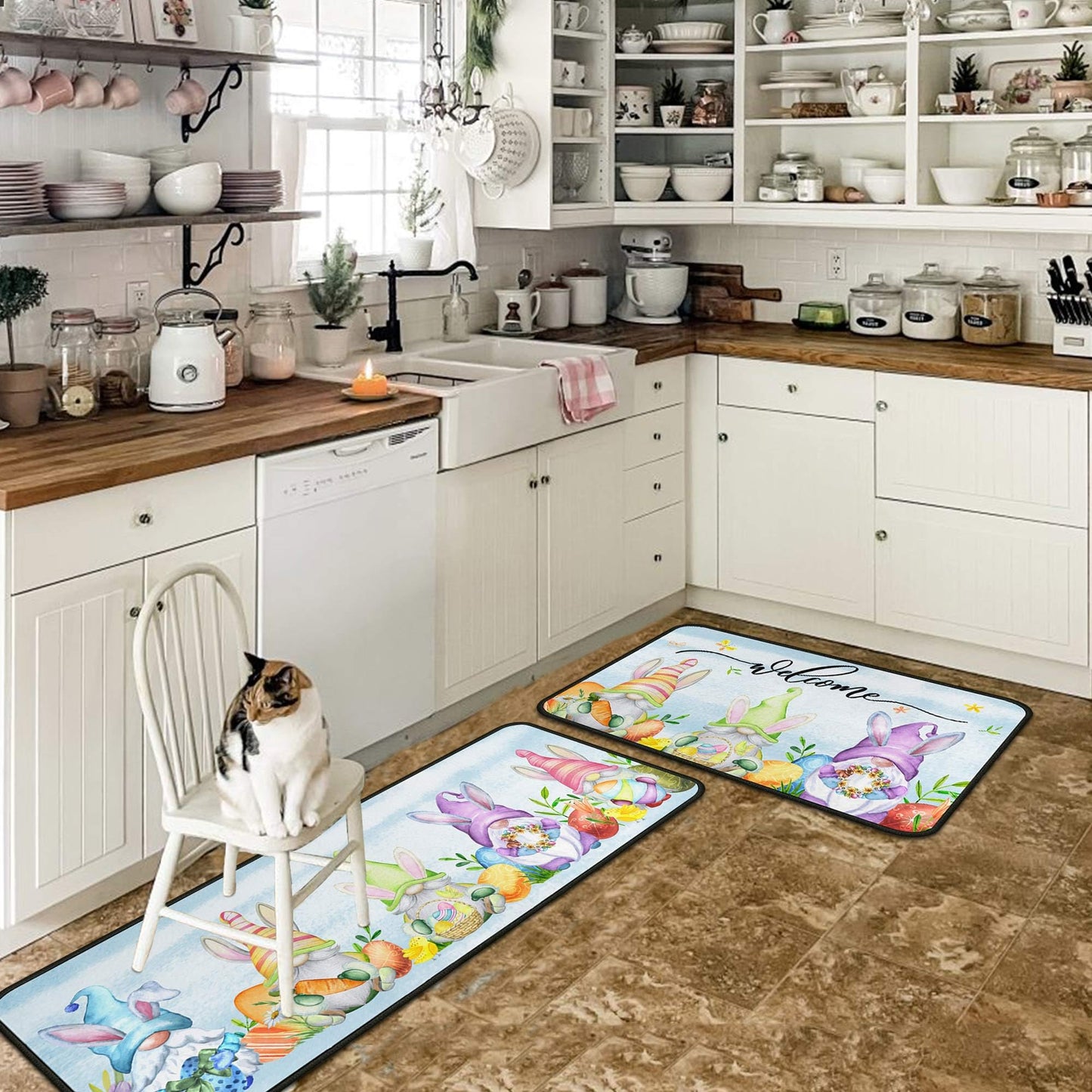 flippana Easter Kitchen Rugs and Mats for Floor Non-Slip Backing Easter Gnome Mat Easter Decorations for Home Welcome Spring Kitchen Rug Sets with Runner (Happy Easter 06, 17"x47.2"+17"x30")