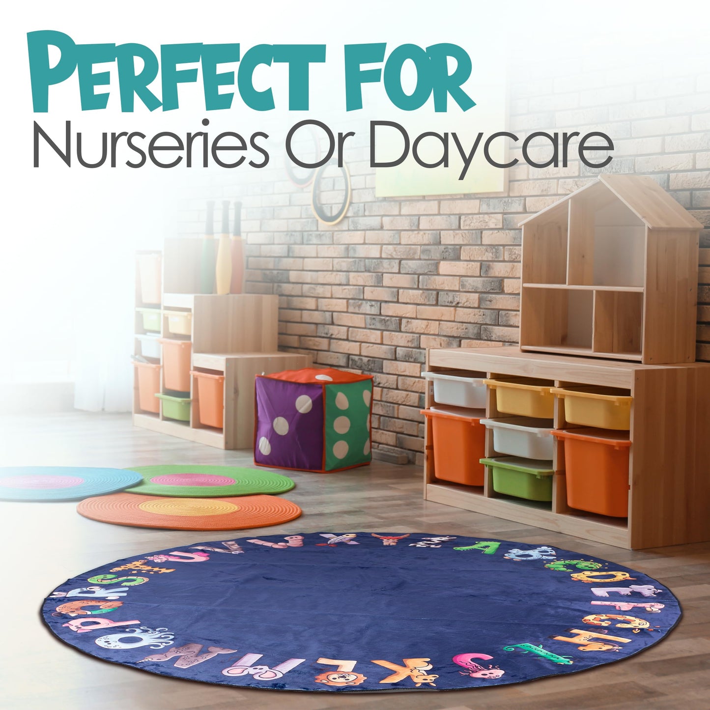 Malamaa ABC Alphabet Rug for Kids – 6 ft Round Blue Play Mat for Toddlers & Babies, Soft Nursery Decor for Learning Letters, Classroom & Playroom Area Mat