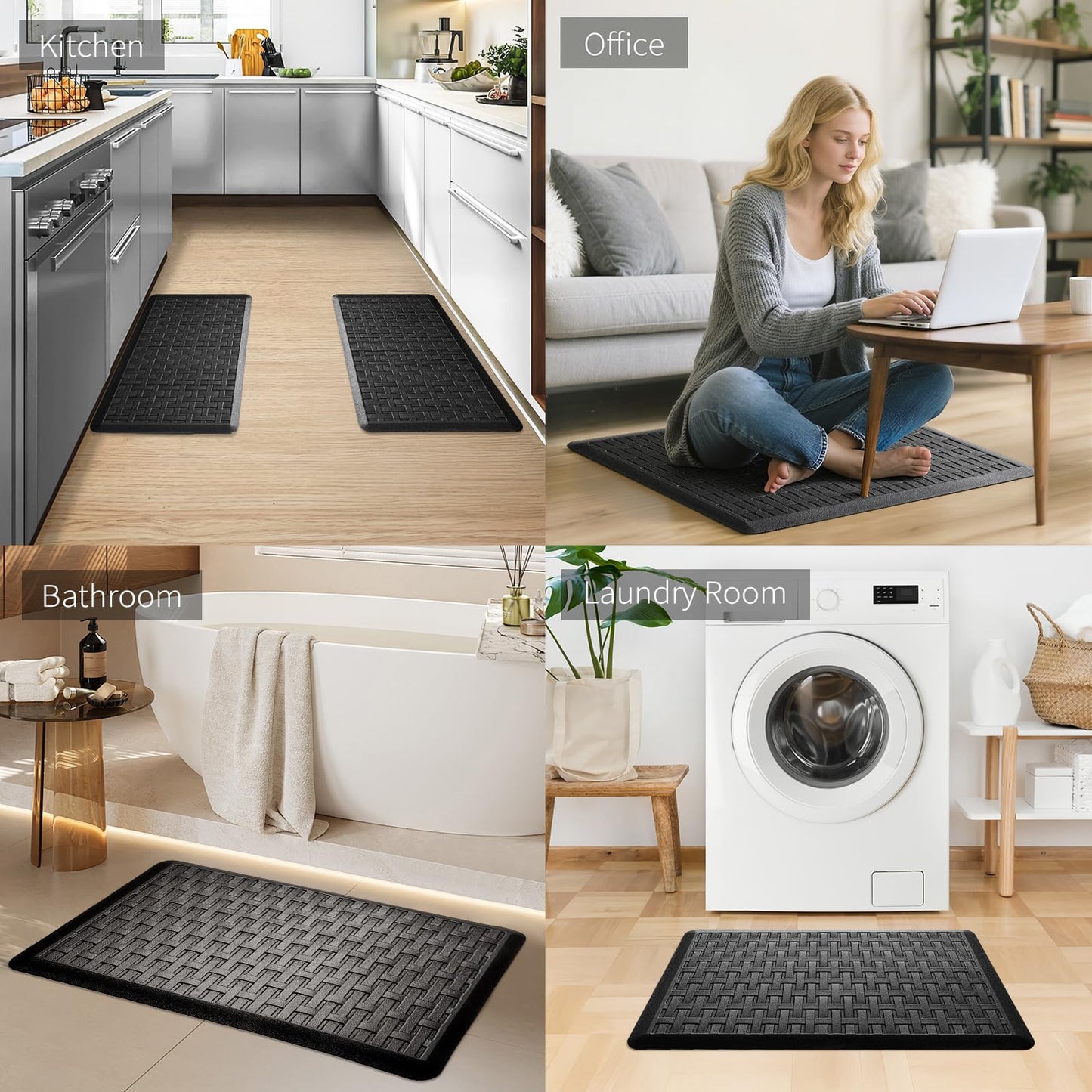 UKISS 2PCS Kitchen Rugs, Cushioned Anti Fatigue Kitchen Mats for Floor, Waterproof Kitchen Rug,Non-Slip Comfort Standing Mat for Kitchen (Black, 17.3"x28"+17.3"x28")