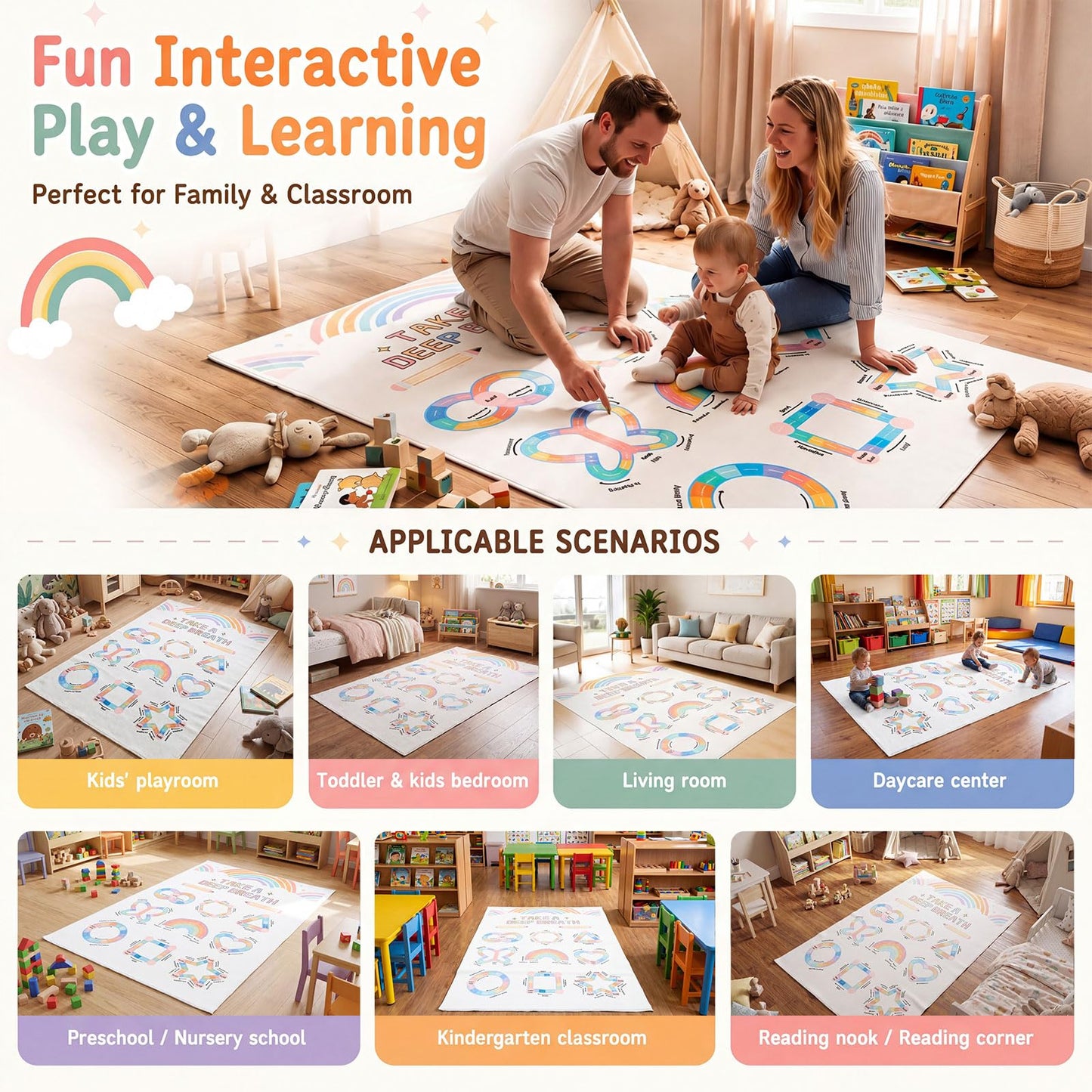 Nuanchu 3 x 5ft Classroom Rug Elementary, Calming Corner Classroom Rug, Floor Mental Health Mat Anti-Skid for Nursery Homeschool Playroom Elementary(Take A Deep Breath)