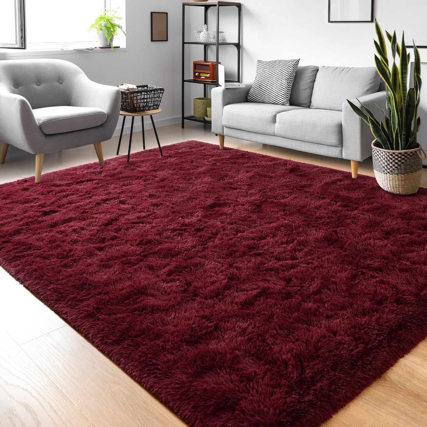 FALARK Fluffy Burgundy Red 8x10 Large Area Rugs for Living Room, Soft Plush Dark Red Rug for Living Room Decor, Big Shaggy Floor Carpet, Thick Non Slip Rectangle Carpets for Home Decor