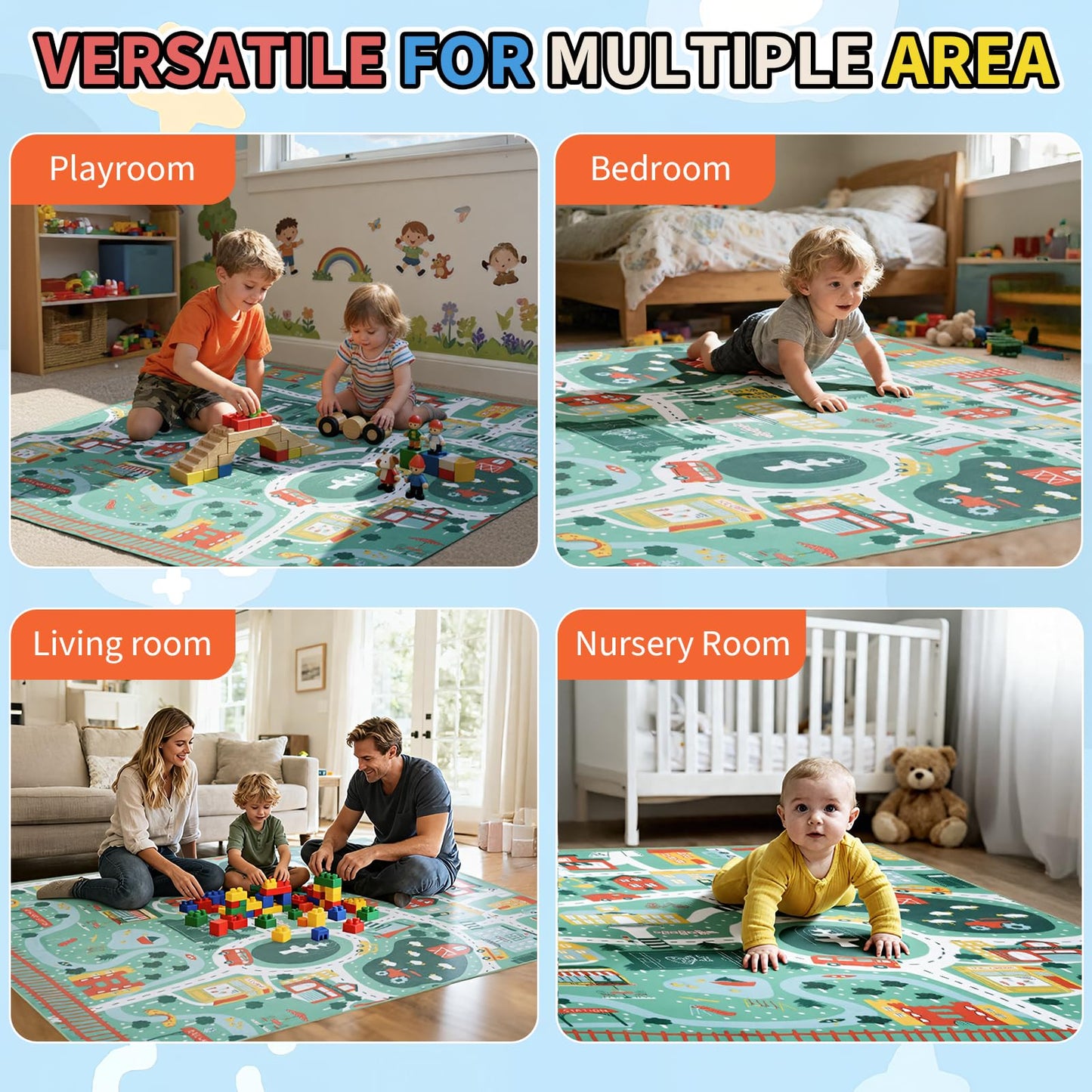 UKISS Educational Play Rug,55"x55" Traffic Road Kids Car Mat,Non-Slip Washable City Kids Play Mat,Area Rug Kid Carpet for Playroom Living Room Nursery Room Decor,Green