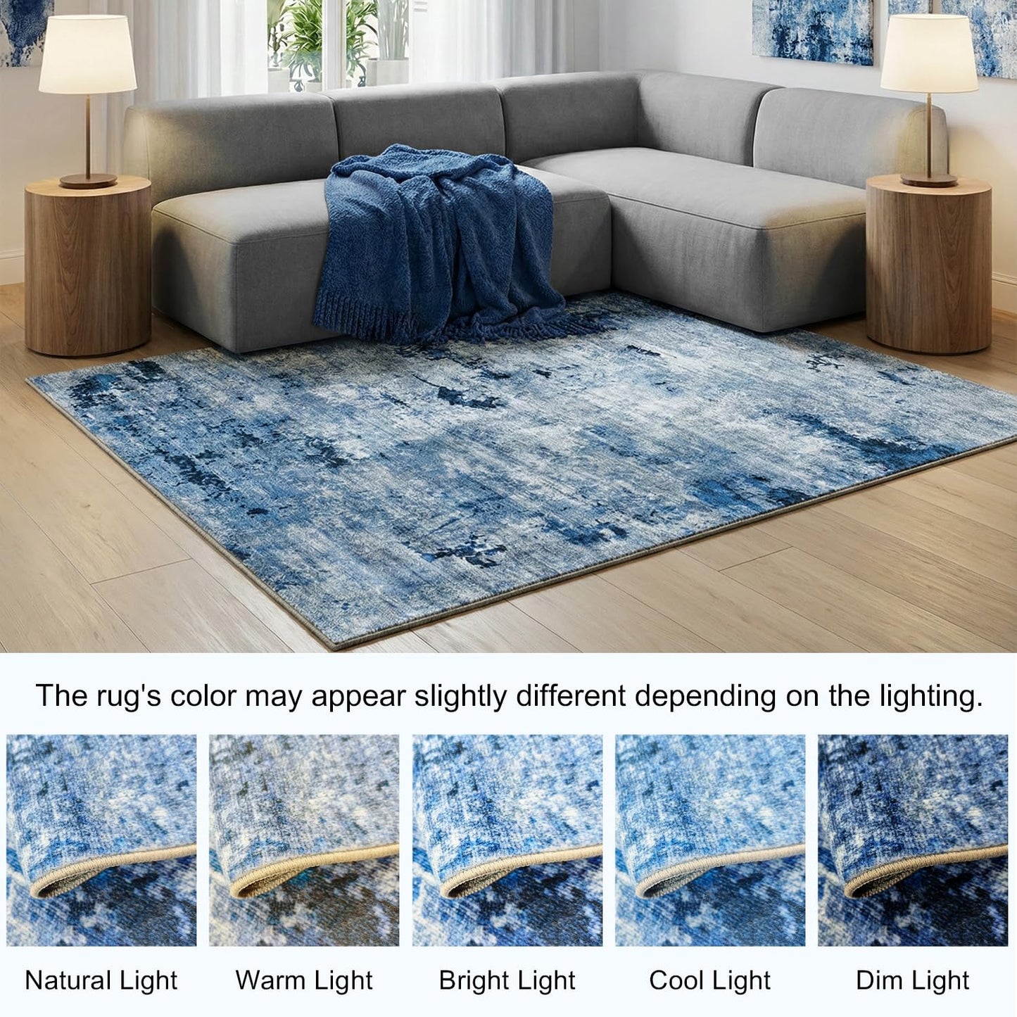 Cnythlis Washable Area Rugs for Living Room, Water Resistant 0.26 Inch Low Pile Carpet with Silicone Backing Modern Urban Luxury, Stain-Resistant & Pet-Friendly, 6'x9', Blue